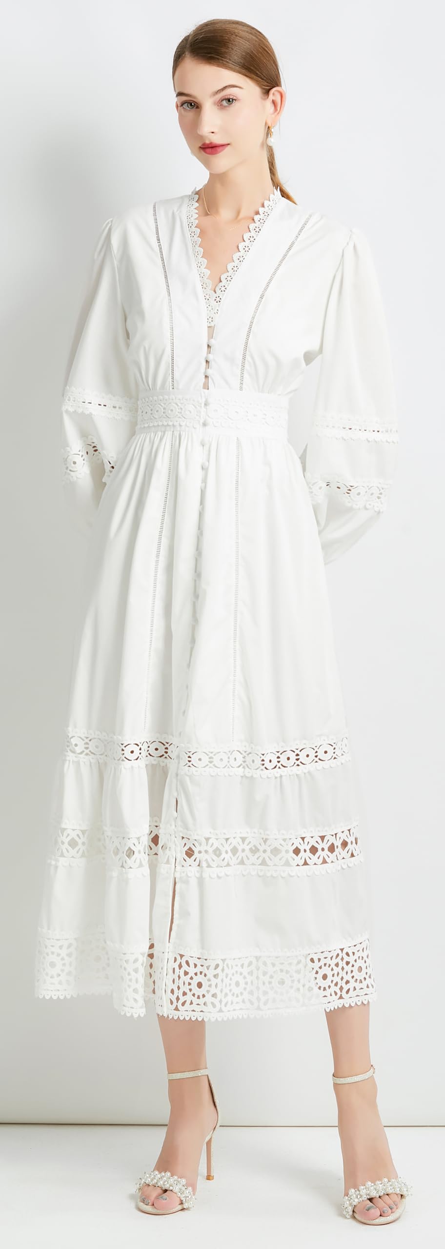 Womens Hollow Buttons Puffy Sleeves Midi Dress - LAI MENG FIVE CATS