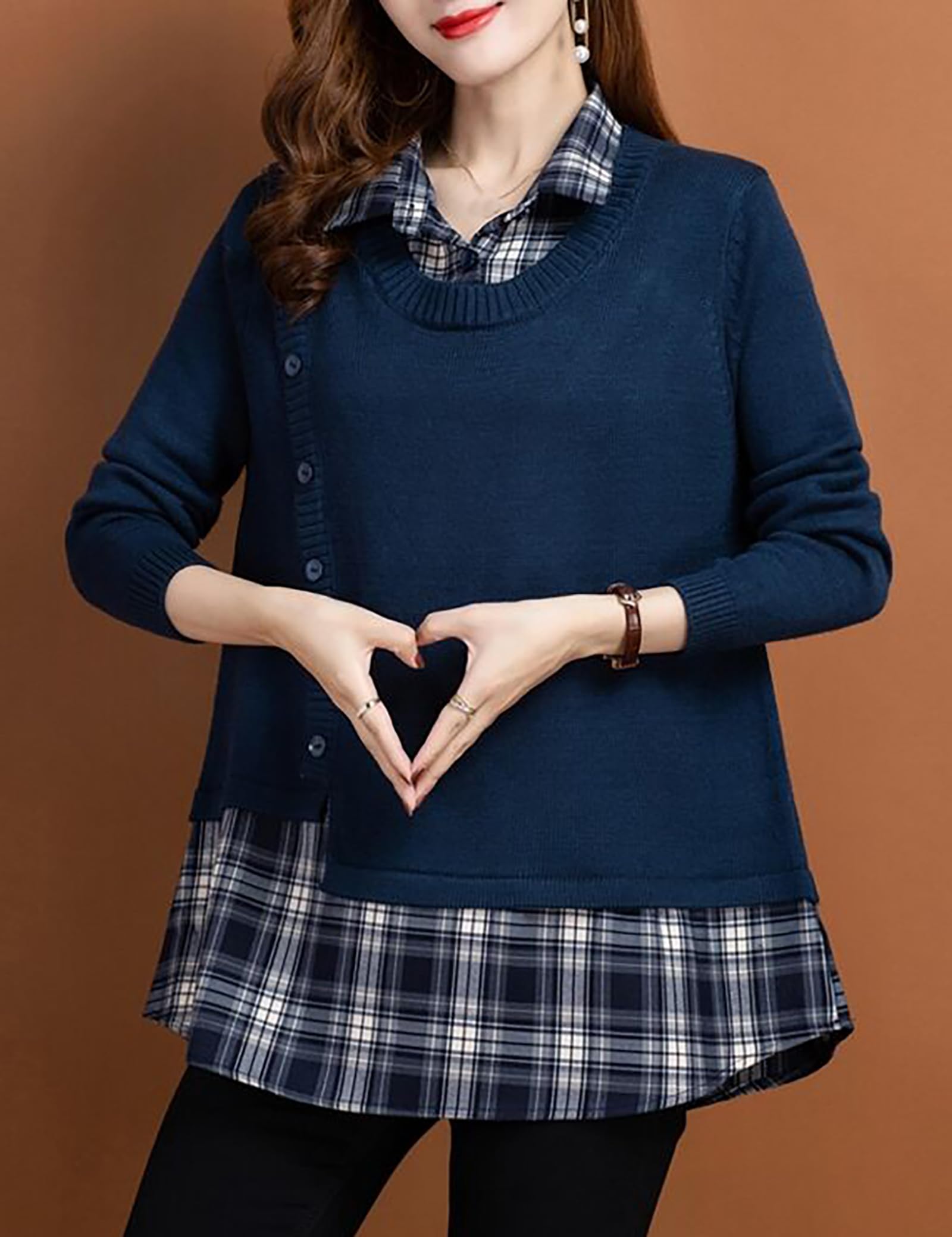 Knit Collar Patchwork Blouse Tops - LAI MENG FIVE CATS