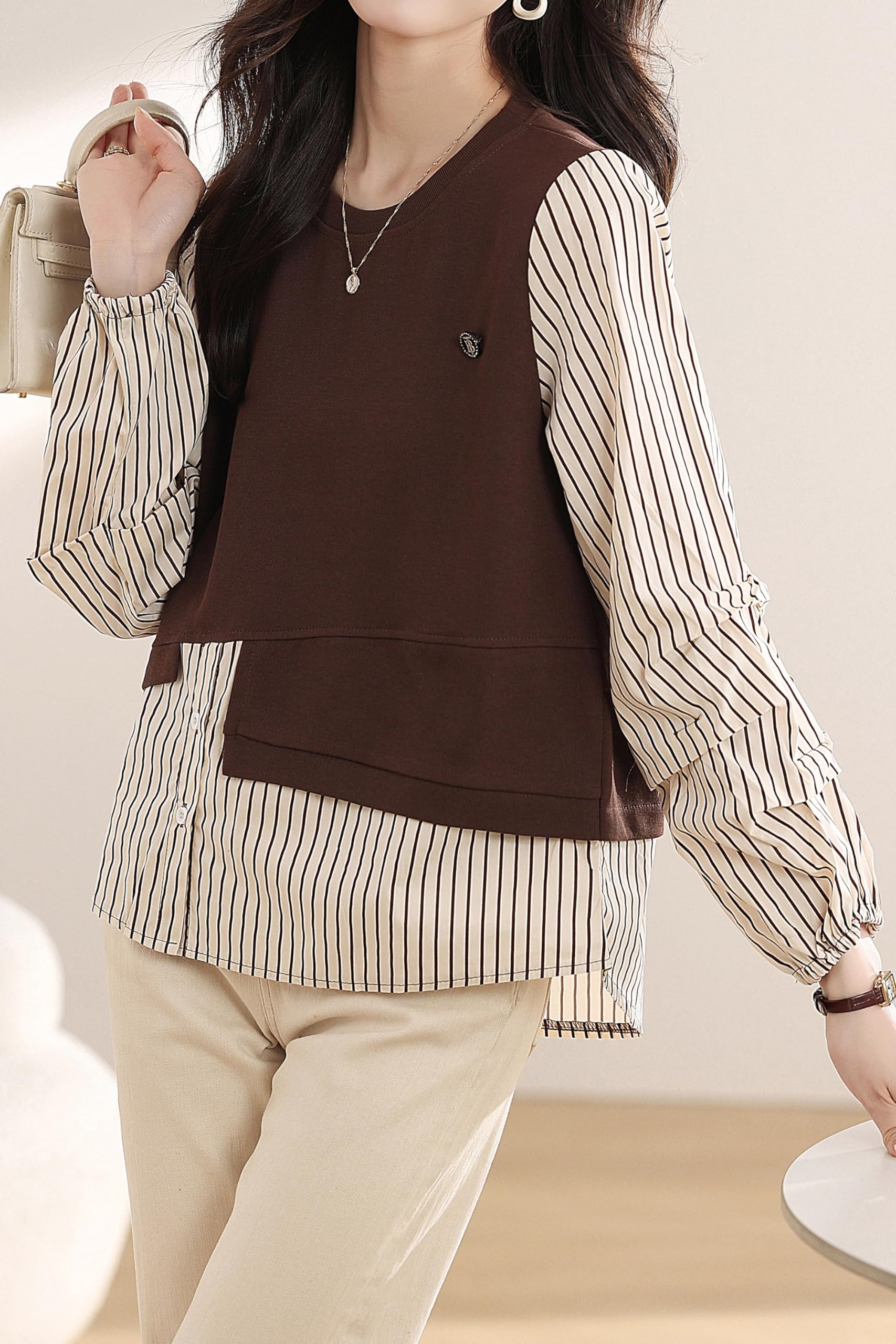 Patchwork Knit Round Neck Pullover Tops - LAI MENG FIVE CATS