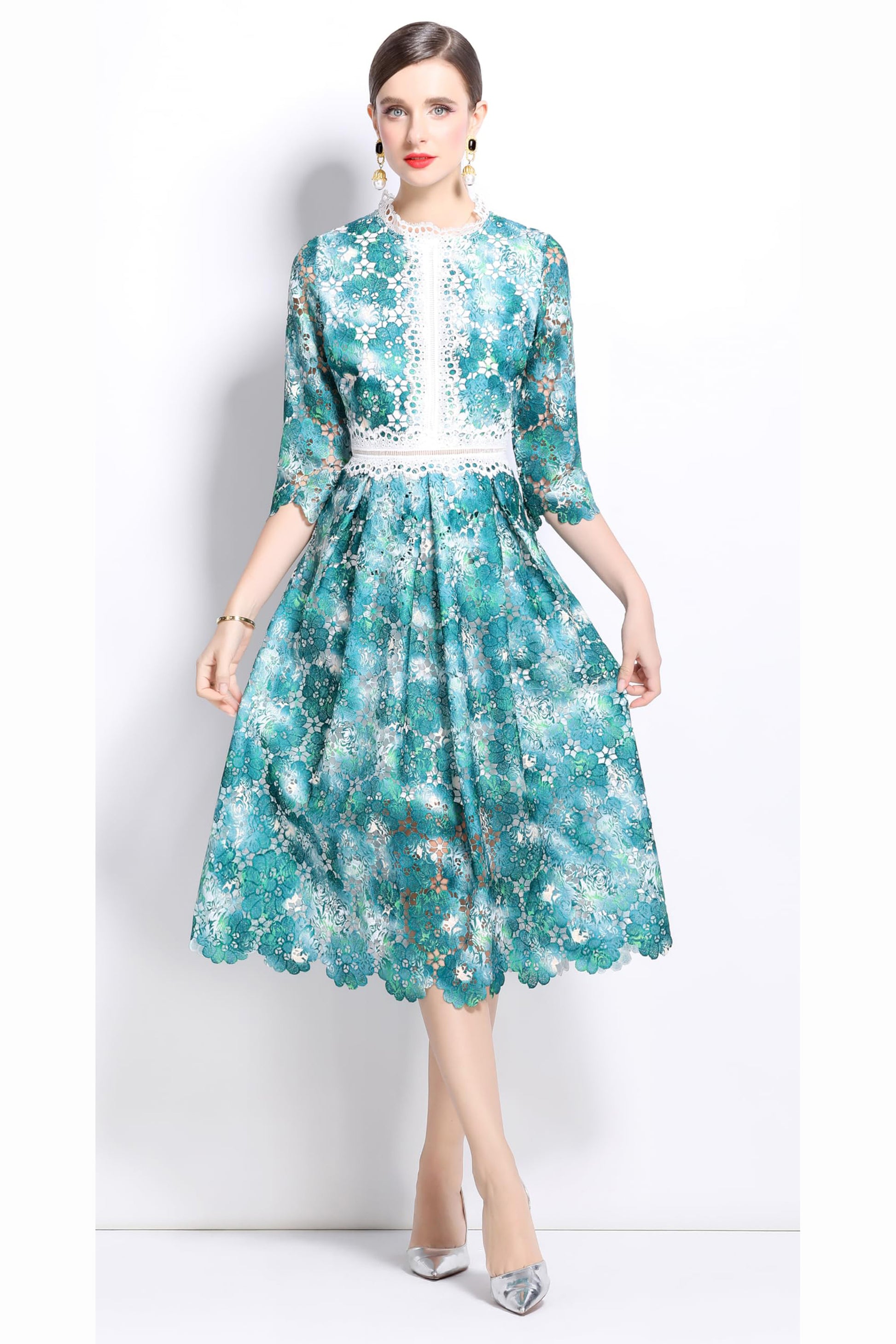 Womens 3/4 Sleeve Floral Print Midi Dress - LAI MENG FIVE CATS