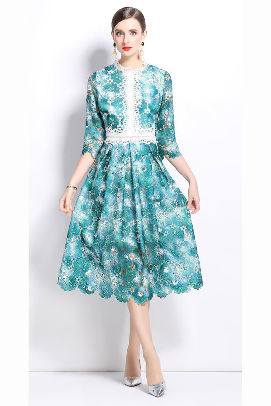 Womens 3/4 Sleeve Floral Print Midi Dress - LAI MENG FIVE CATS