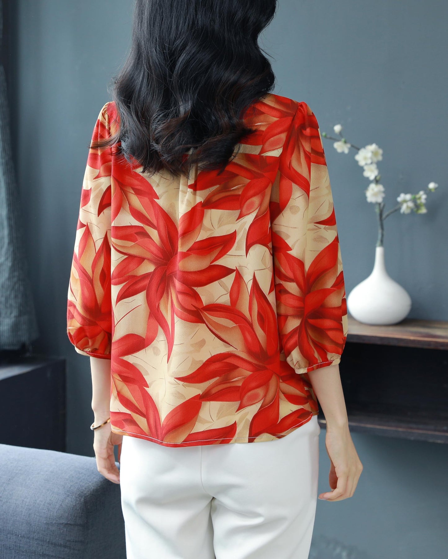 Floral Print Puff Sleeve Button Top