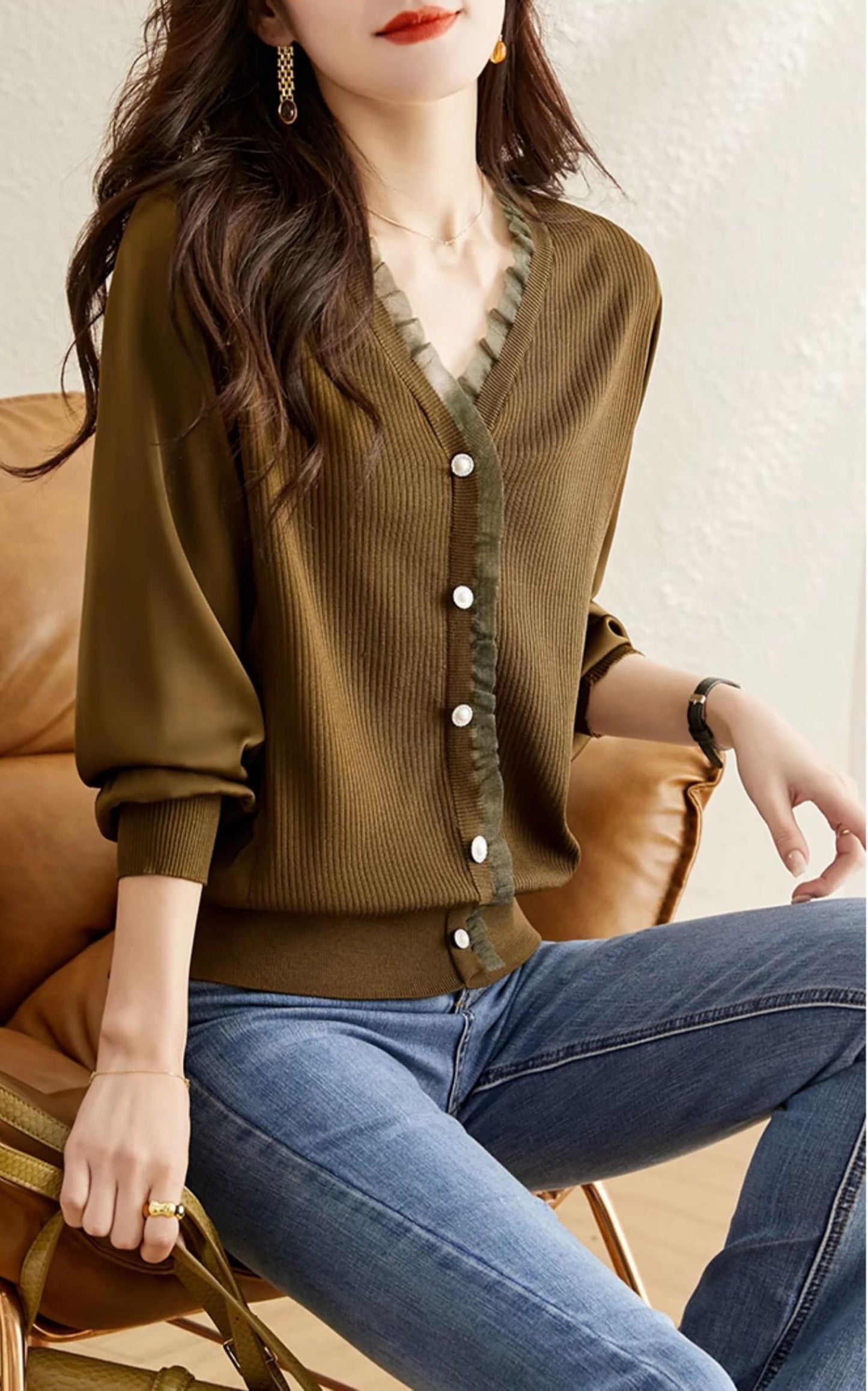 Knit Patchwork Button Casual Blouse Tops - LAI MENG FIVE CATS