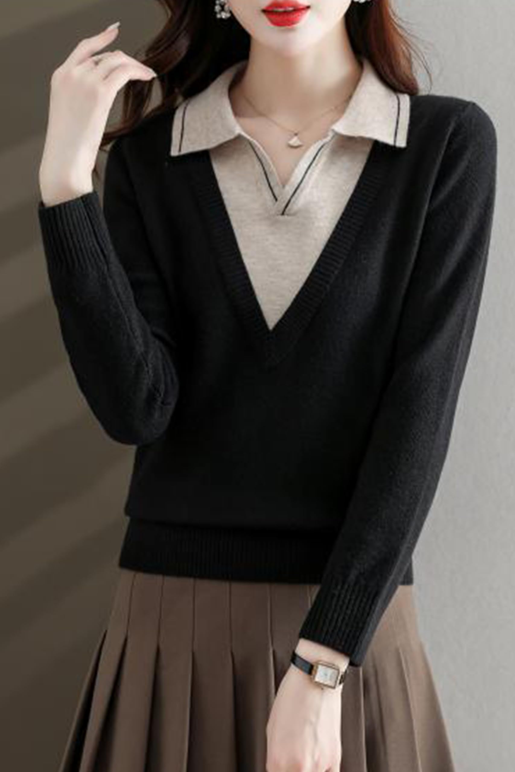 Collar Shirt V-Neck Patchwork Blouse Top - LAI MENG FIVE CATS