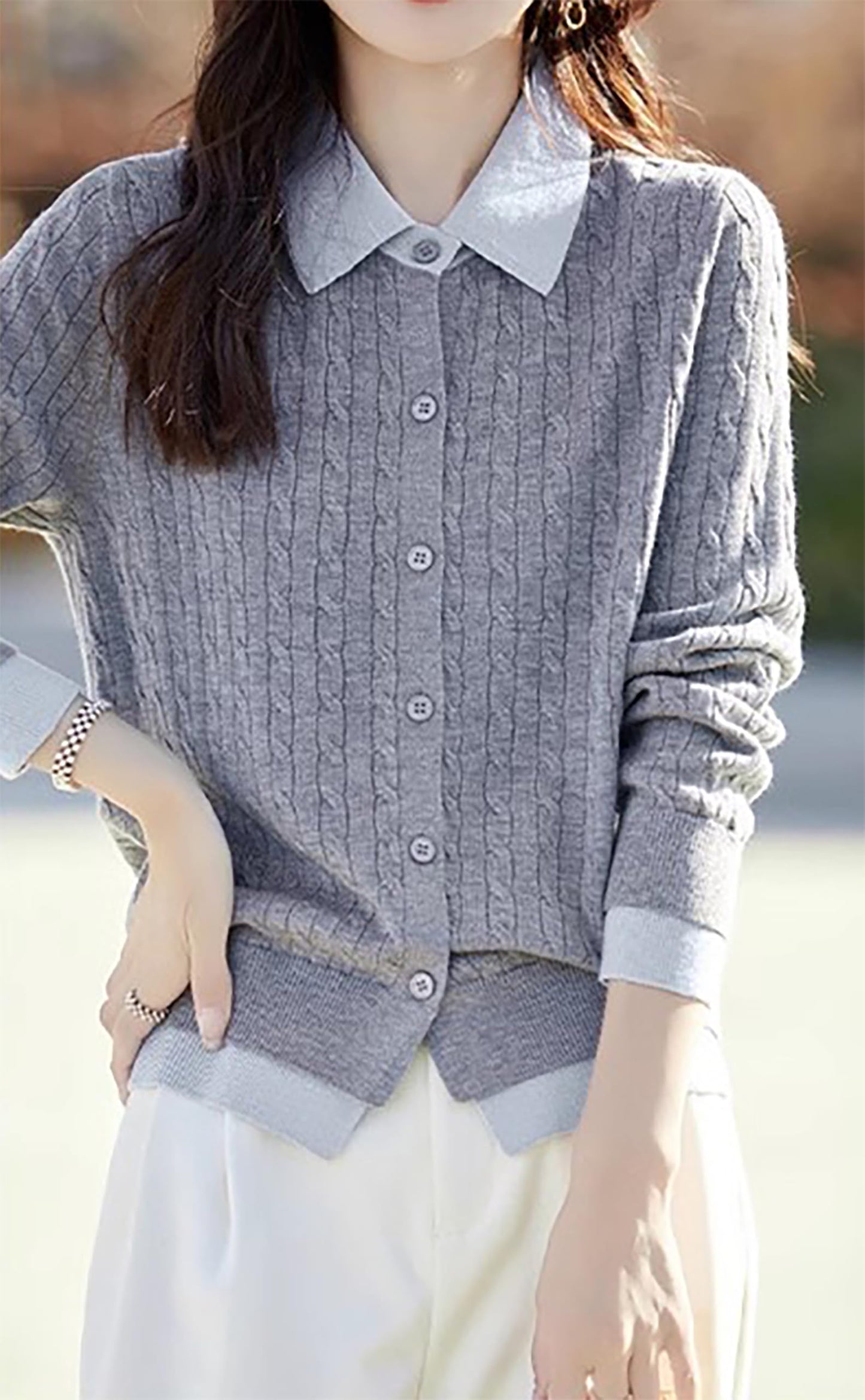 Knit Button Patchwork Pullover Fall Outfits - LAI MENG FIVE CATS