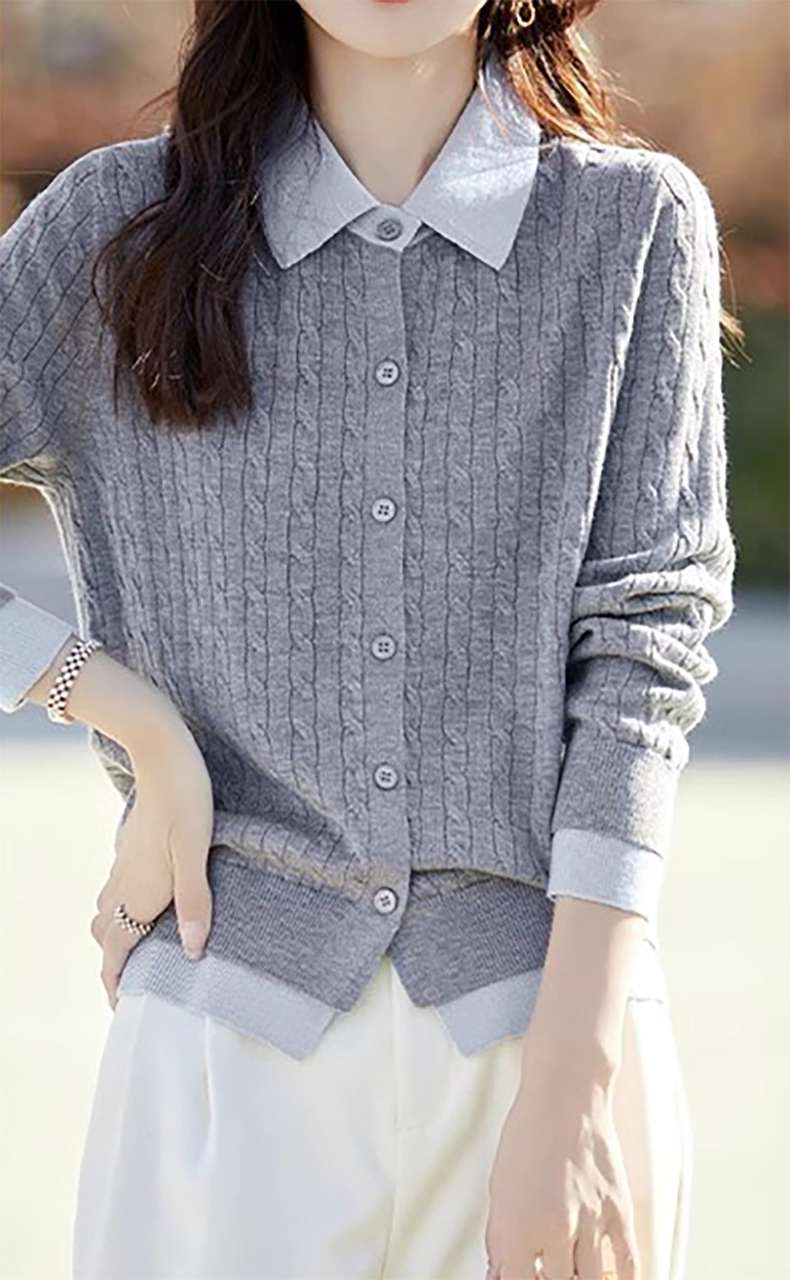 Knit Button Patchwork Pullover Fall Outfits - LAI MENG FIVE CATS