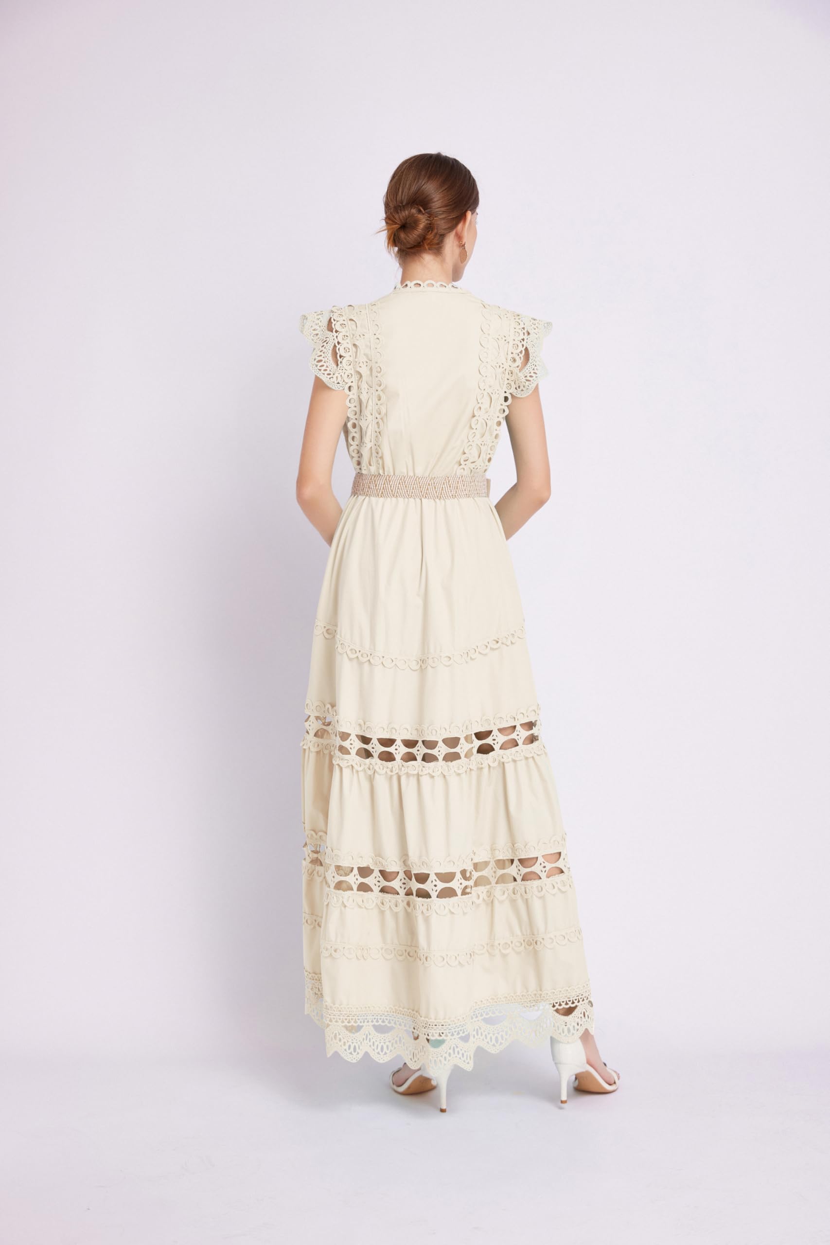 BK-Womens Lace Hollow Ruffled  Maxi  Dress - LAI MENG FIVE CATS