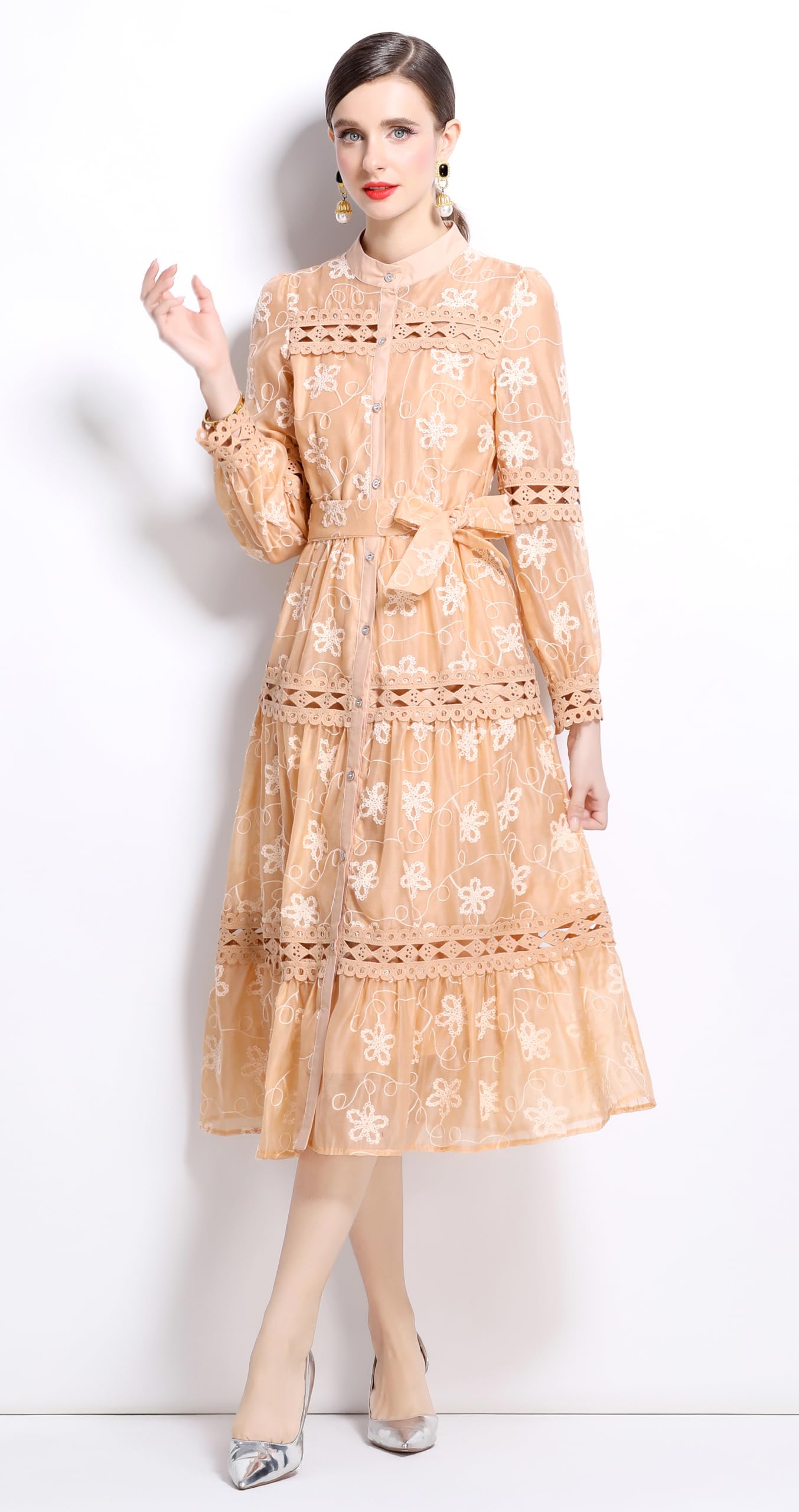BK-Womens Lace Tulle Hollow Elegant Midi Dress - LAI MENG FIVE CATS