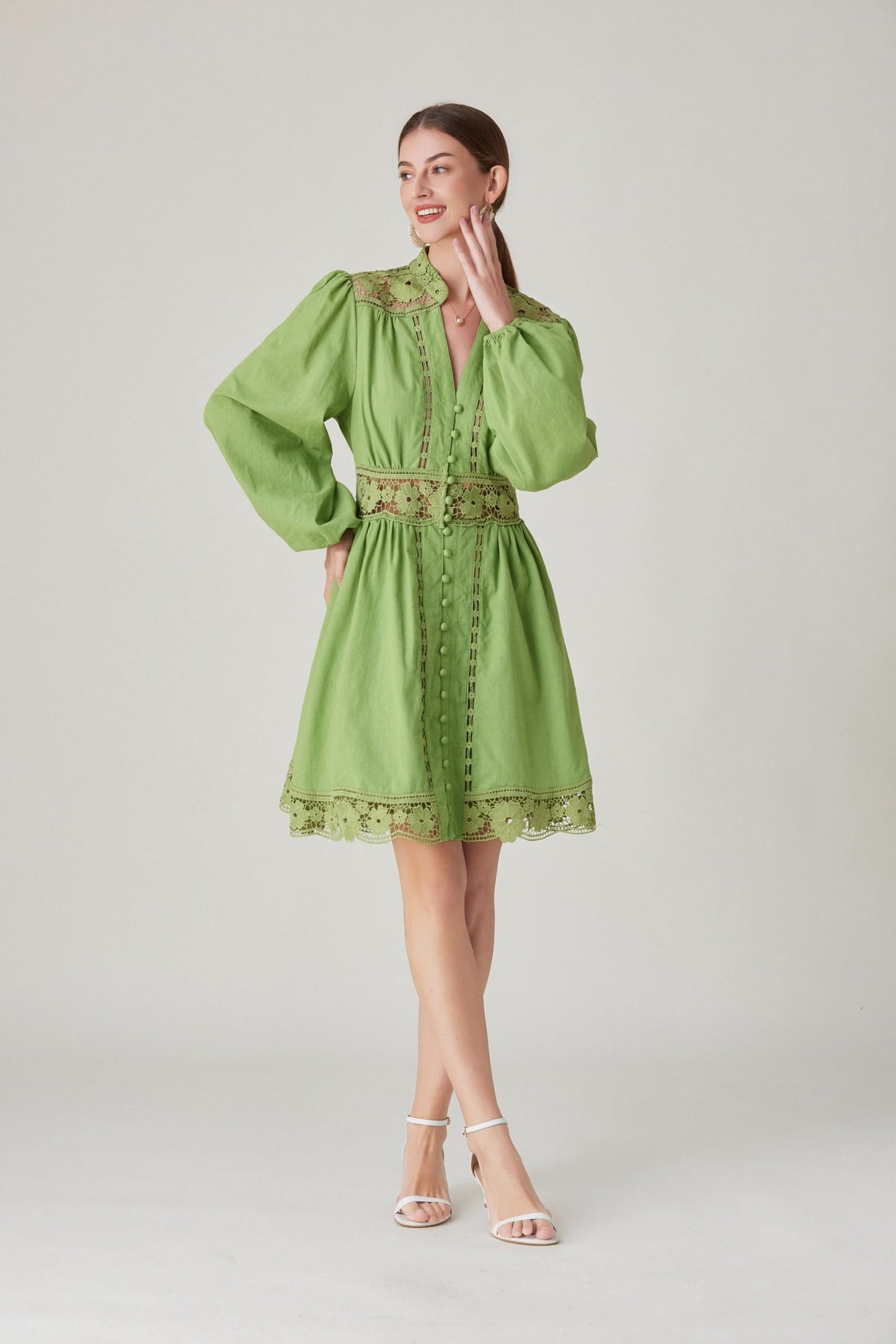 BK-Lace Lantern Long Sleeve Mini Dress - LAI MENG FIVE CATS