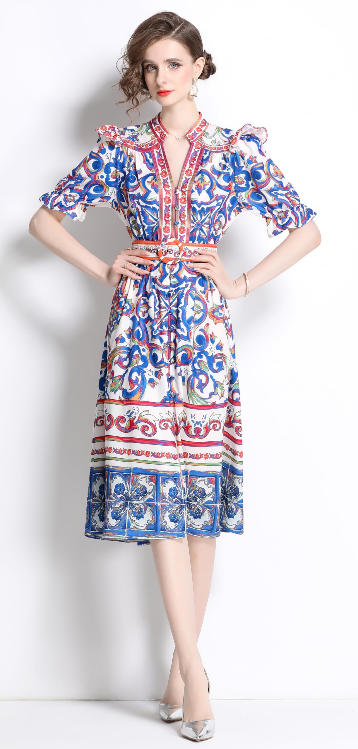 BK-Short Puff Sleeve Floral Midi Dress - LAI MENG FIVE CATS