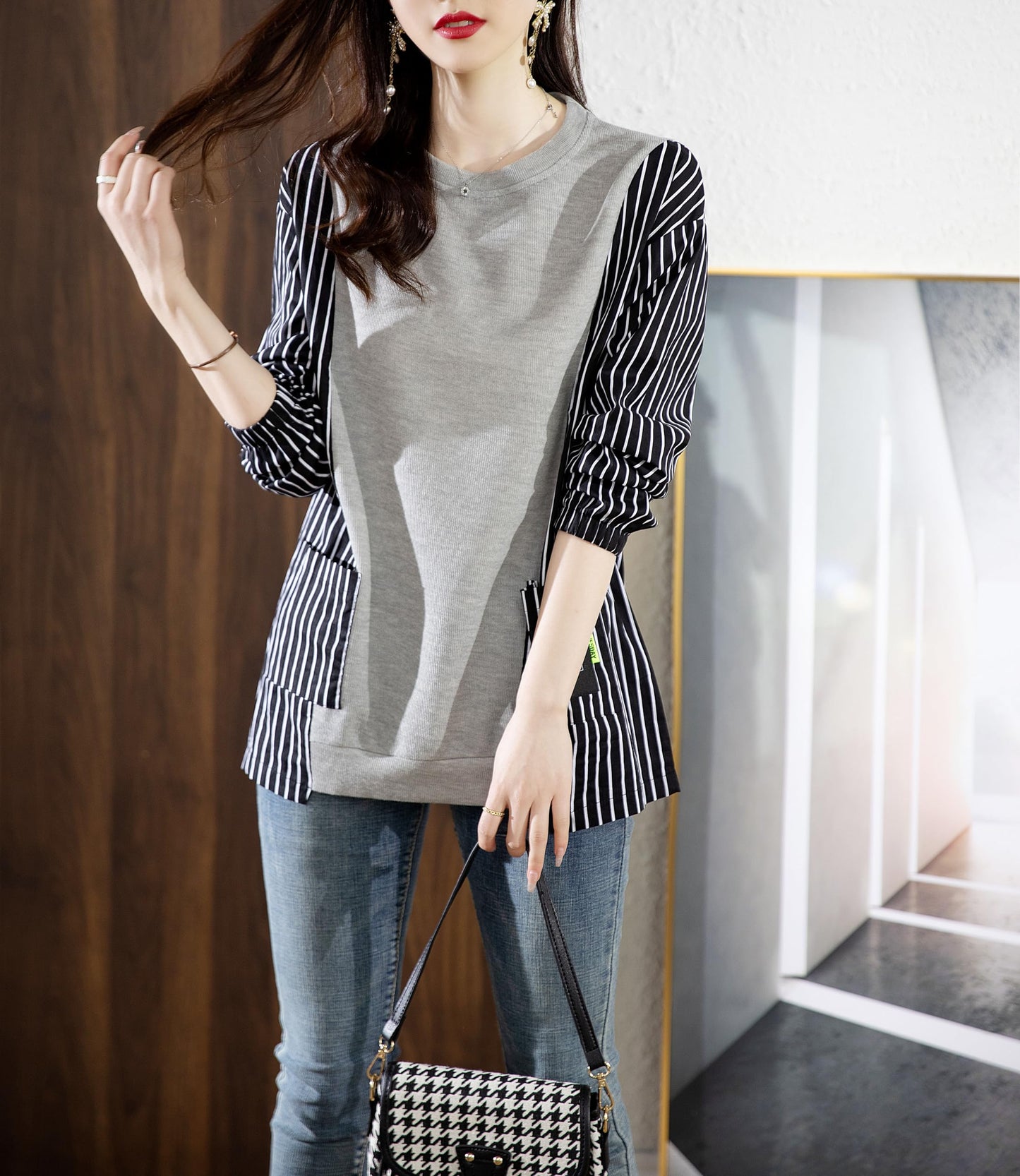 Pullover Patchwork Stripe Blouse Knit Tops - LAI MENG FIVE CATS