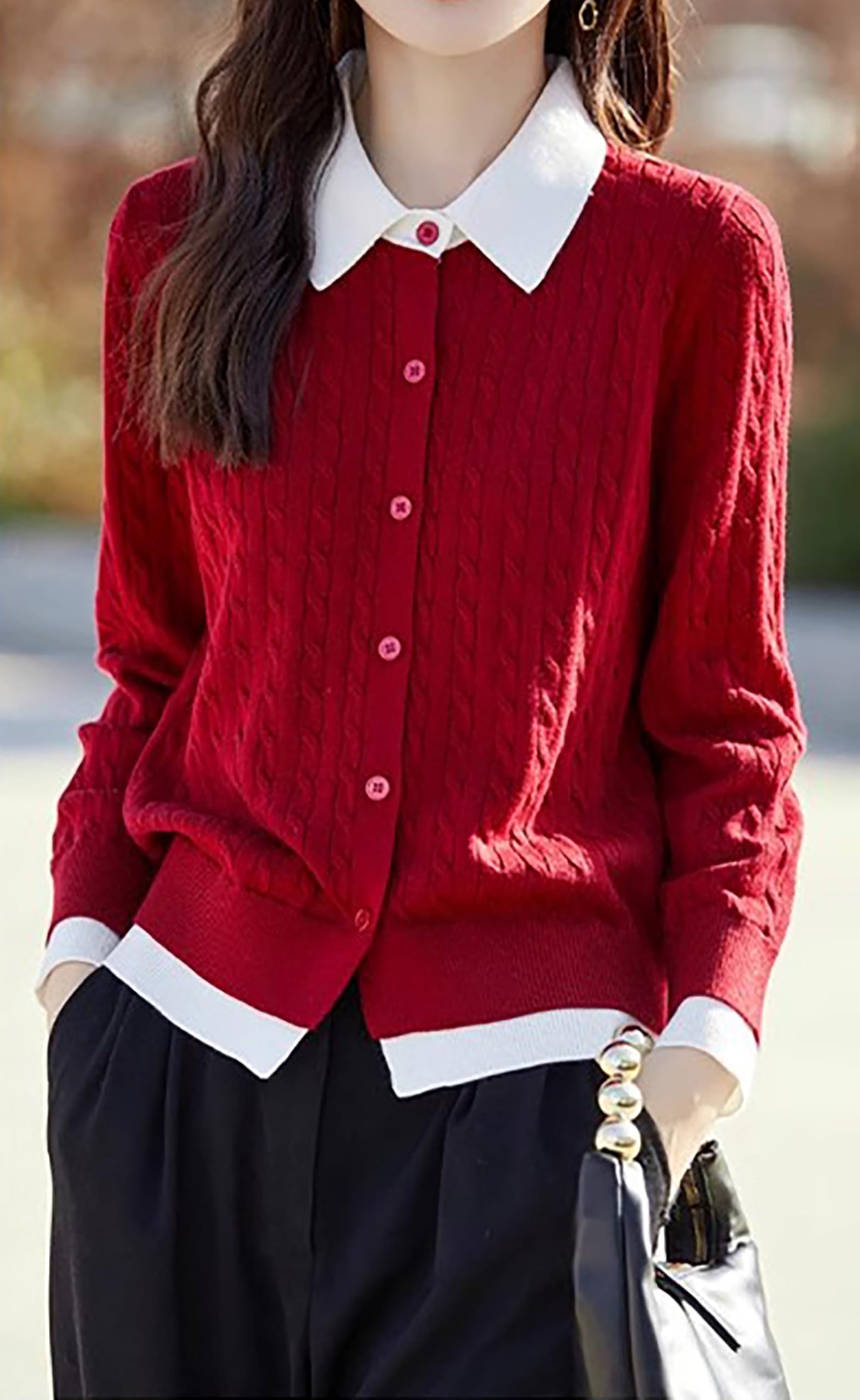 Knit Button Patchwork Pullover Fall Outfits - LAI MENG FIVE CATS