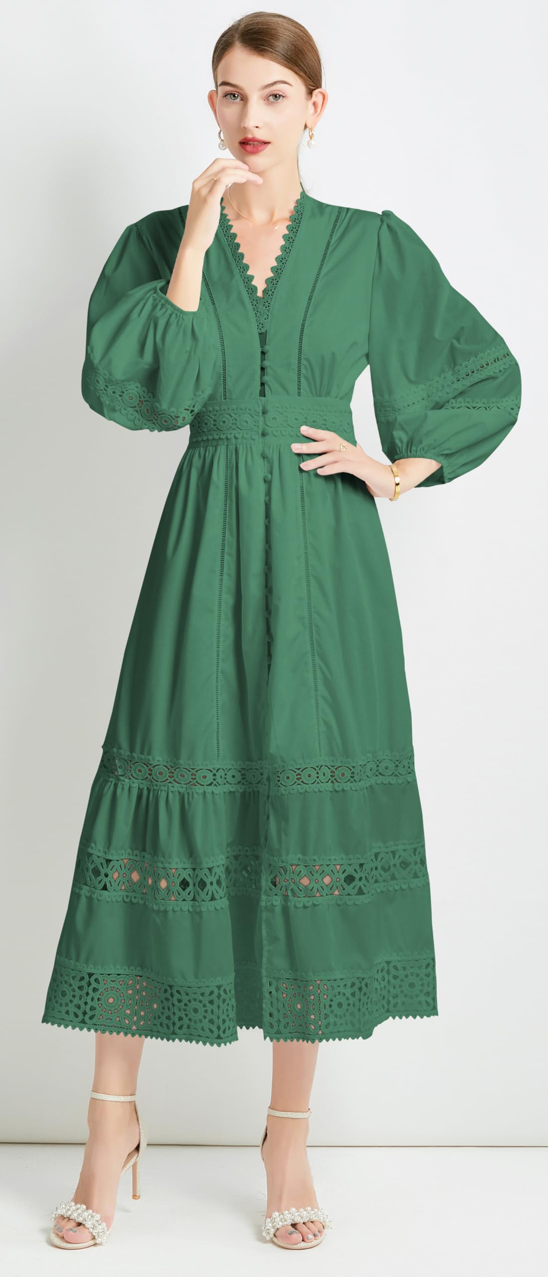 Womens Hollow Buttons Puffy Sleeves Midi Dress - LAI MENG FIVE CATS