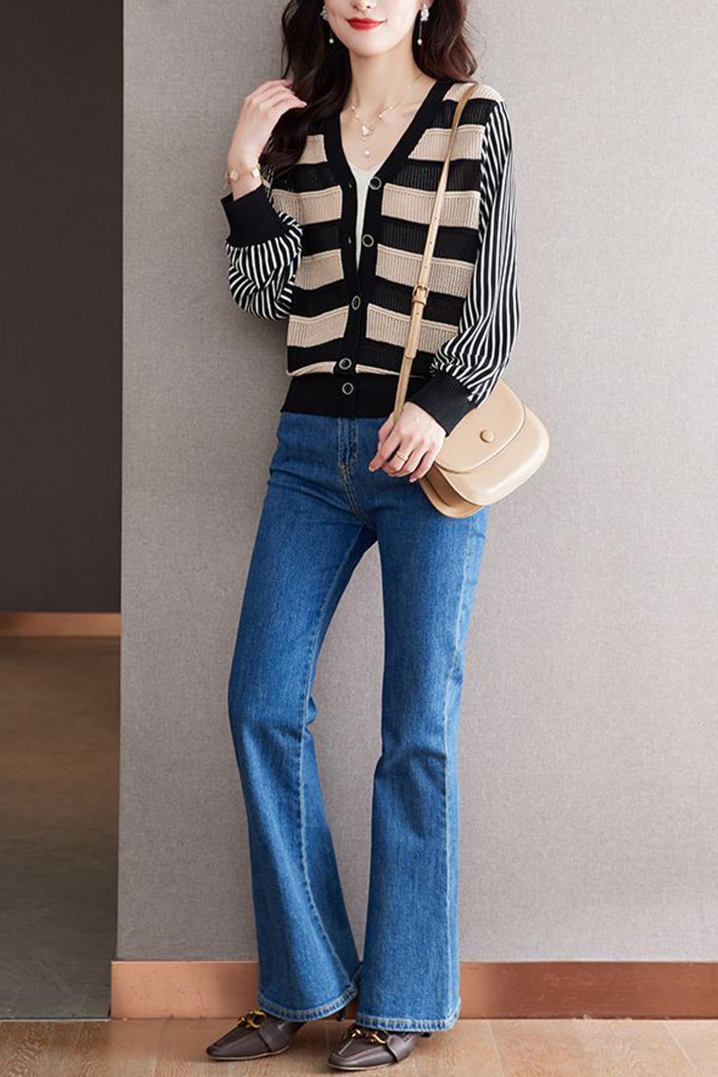 BK-Striped Cardigan Button Fashion Casual Tops - LAI MENG FIVE CATS