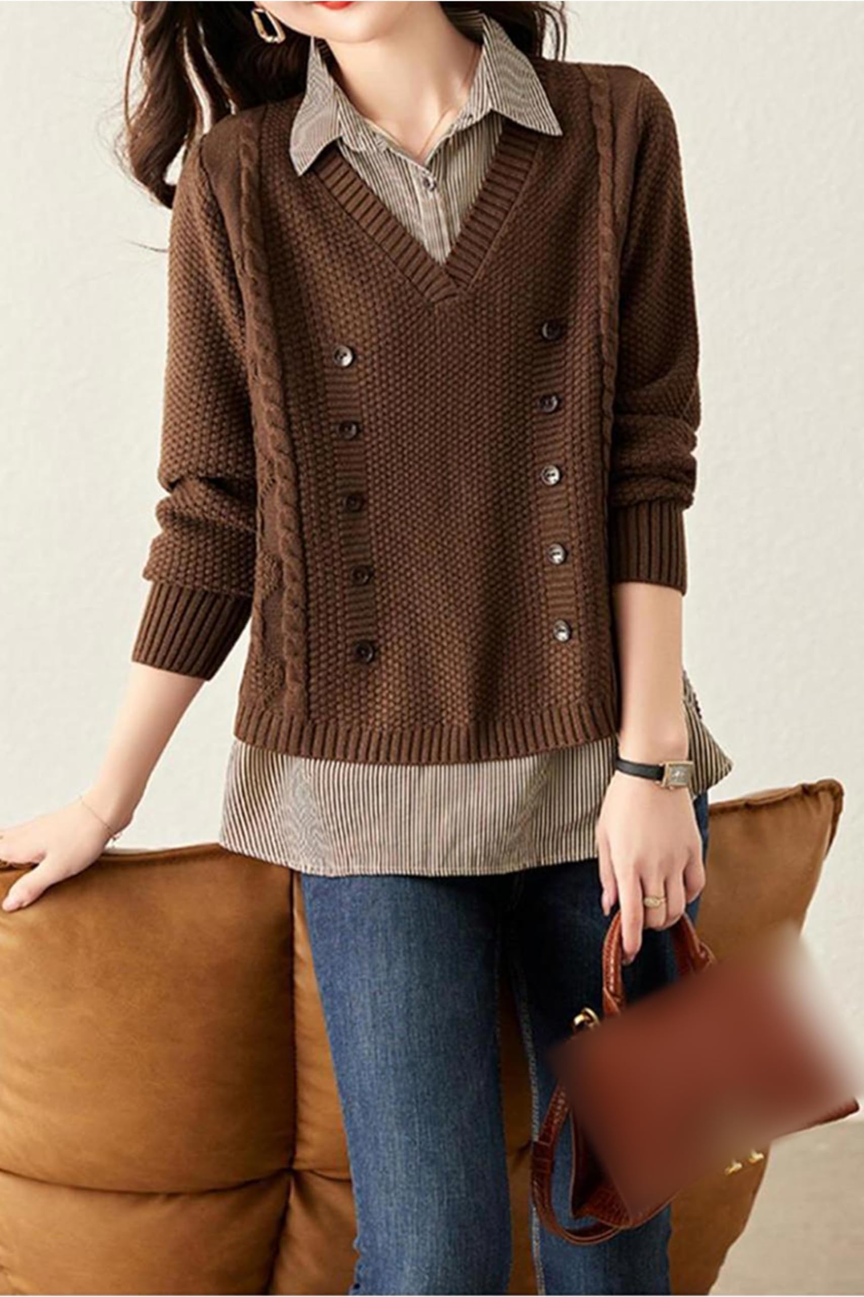 Knit  2 in 1 Tunics Patchwork Tops - LAI MENG FIVE CATS