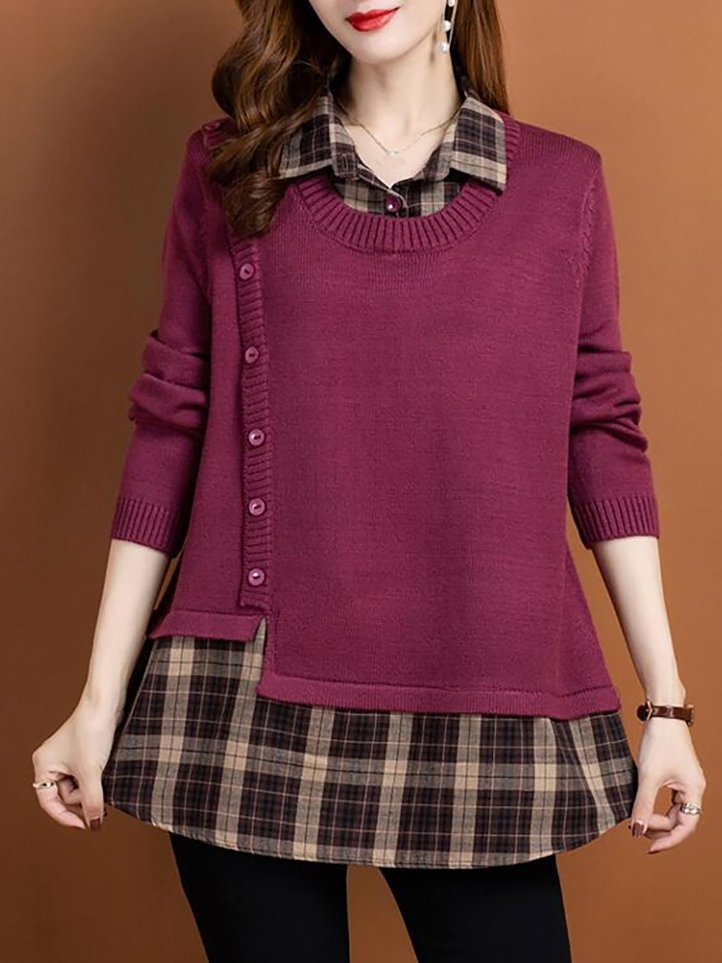 Knit Collar Patchwork Blouse Tops - LAI MENG FIVE CATS