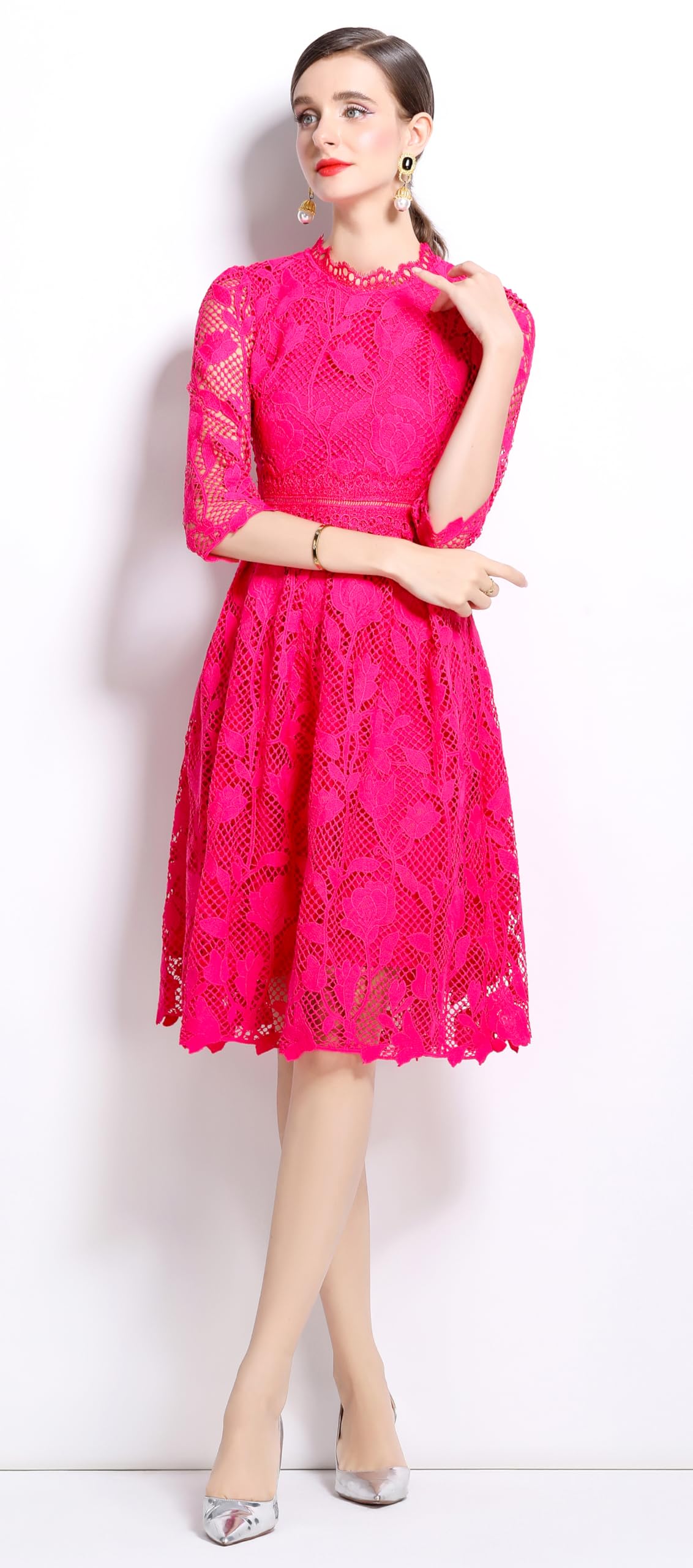 Womens Lace Floral Elegant Midi Dress - LAI MENG FIVE CATS