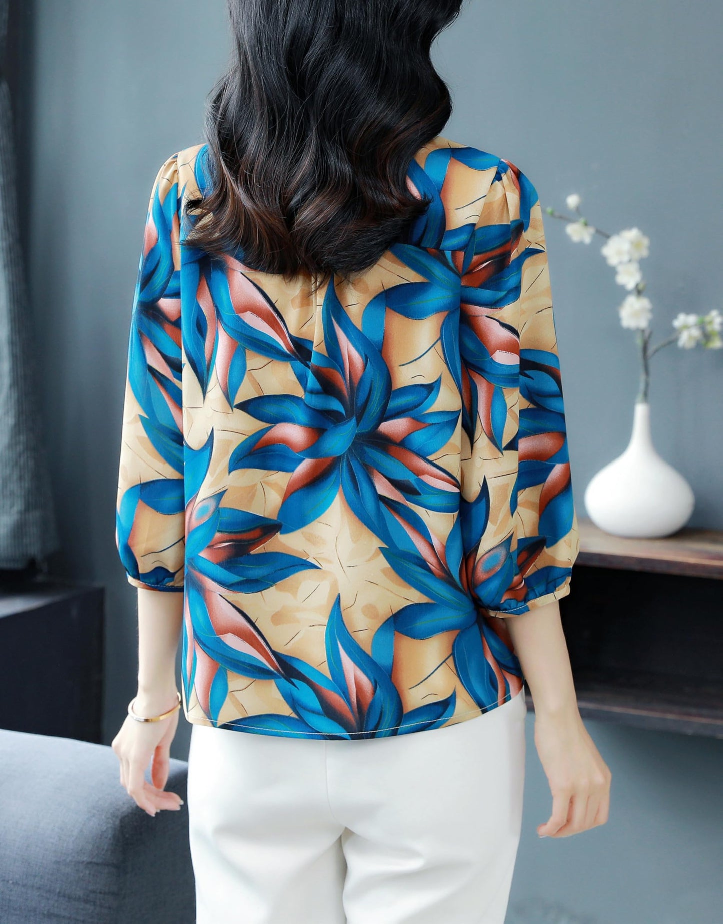 Floral Print Puff Sleeve Button Top