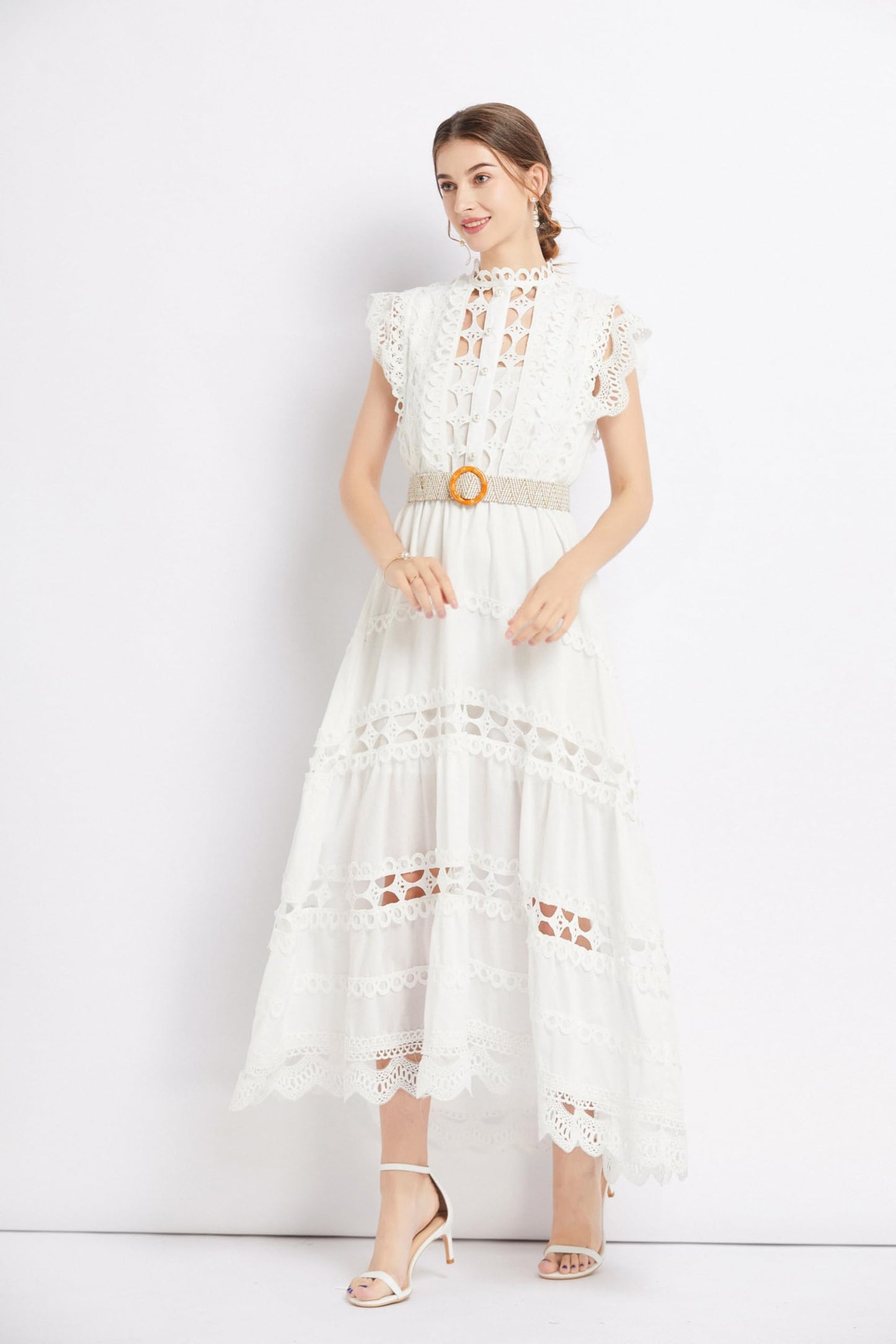BK-Womens Lace Hollow Ruffled Maxi Dress - LAI MENG FIVE CATS