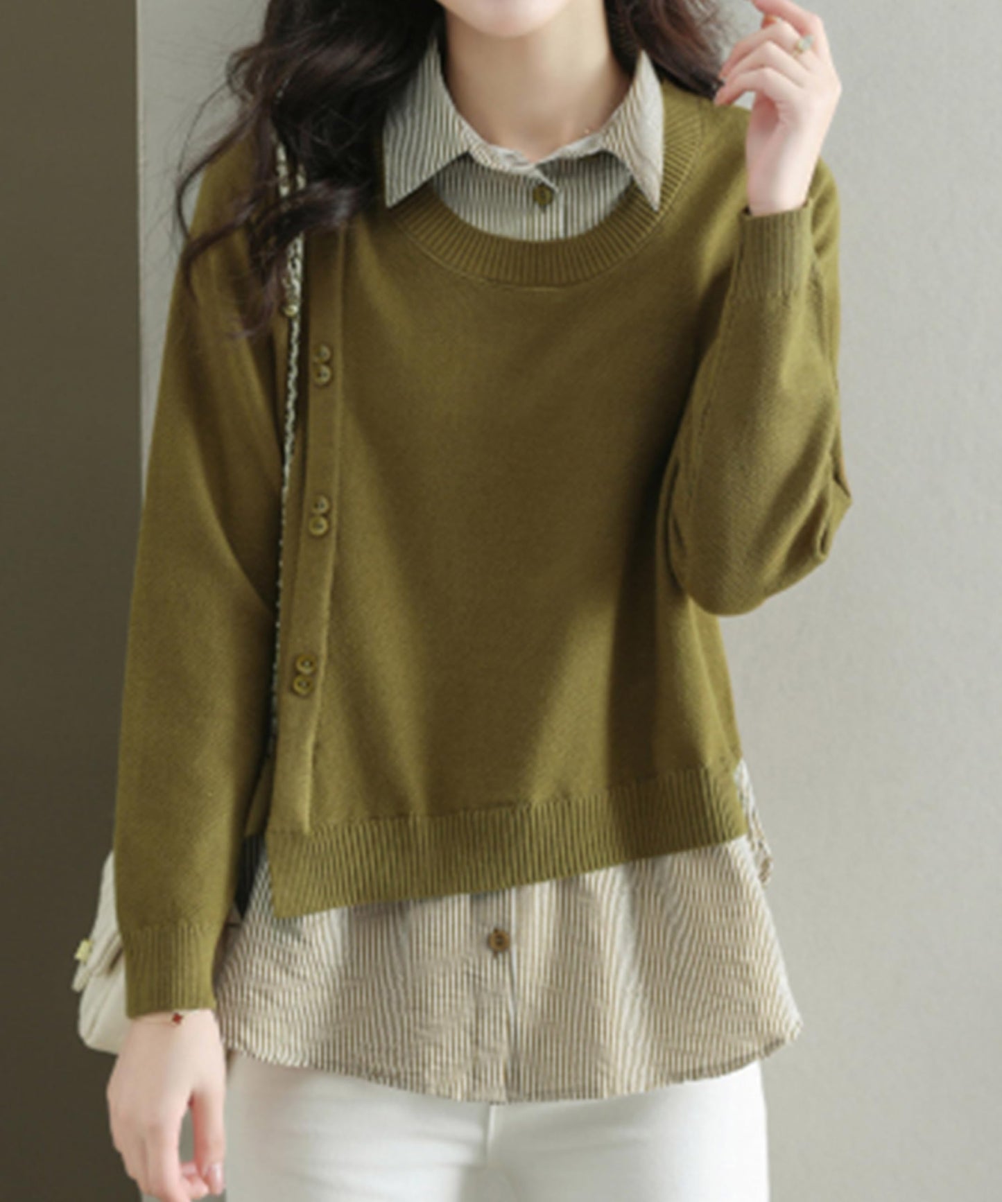 Womens Knit Long Sleeve Patchwork Blouse Tops - LAI MENG FIVE CATS
