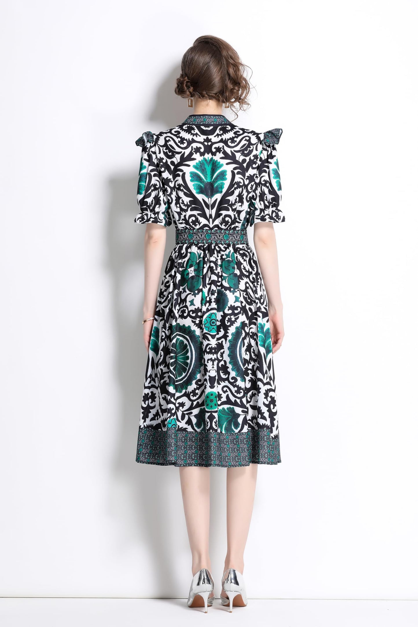 BK-Short Puff Sleeve Floral Midi Dress - LAI MENG FIVE CATS