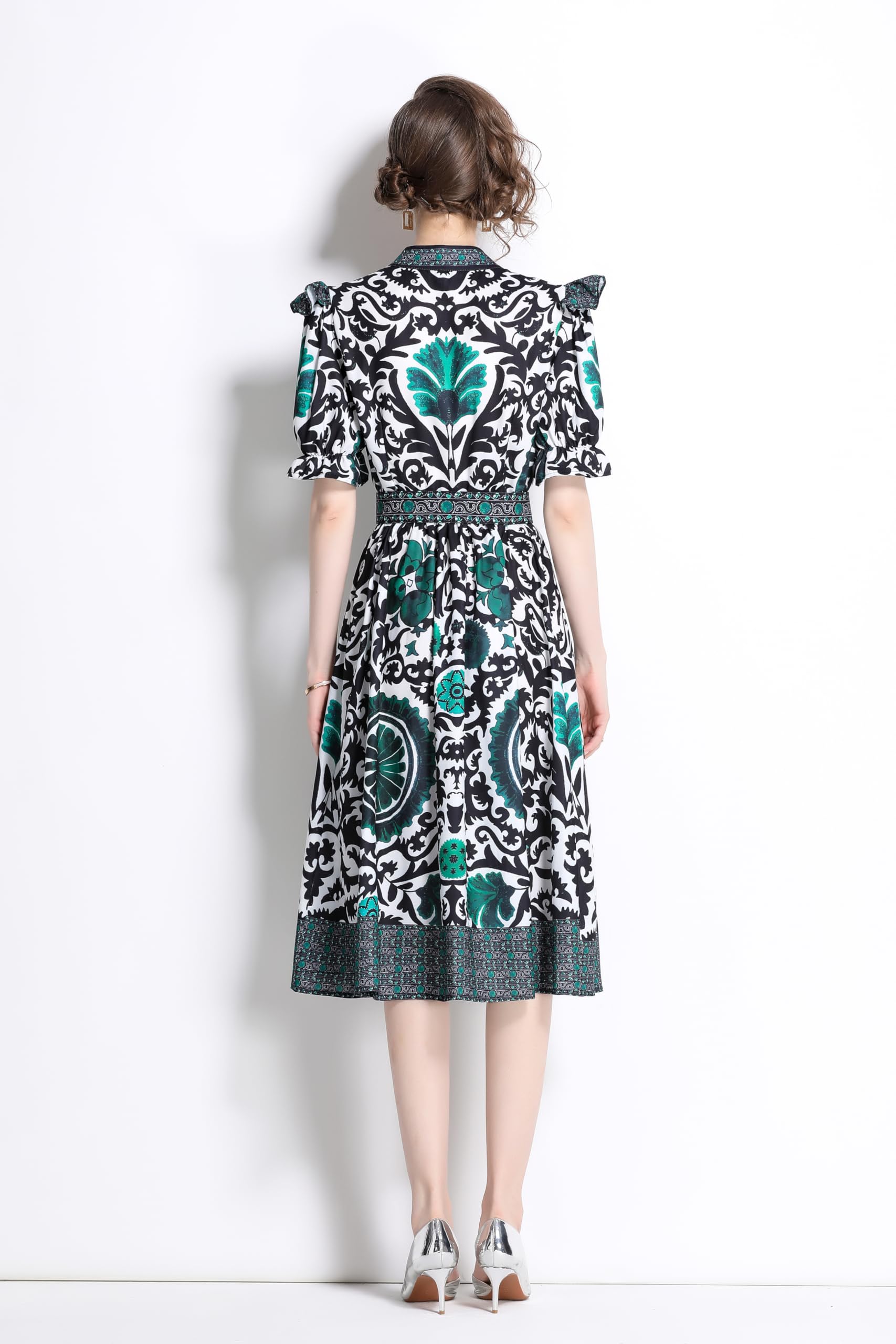 BK-Short Puff Sleeve Floral Midi Dress - LAI MENG FIVE CATS
