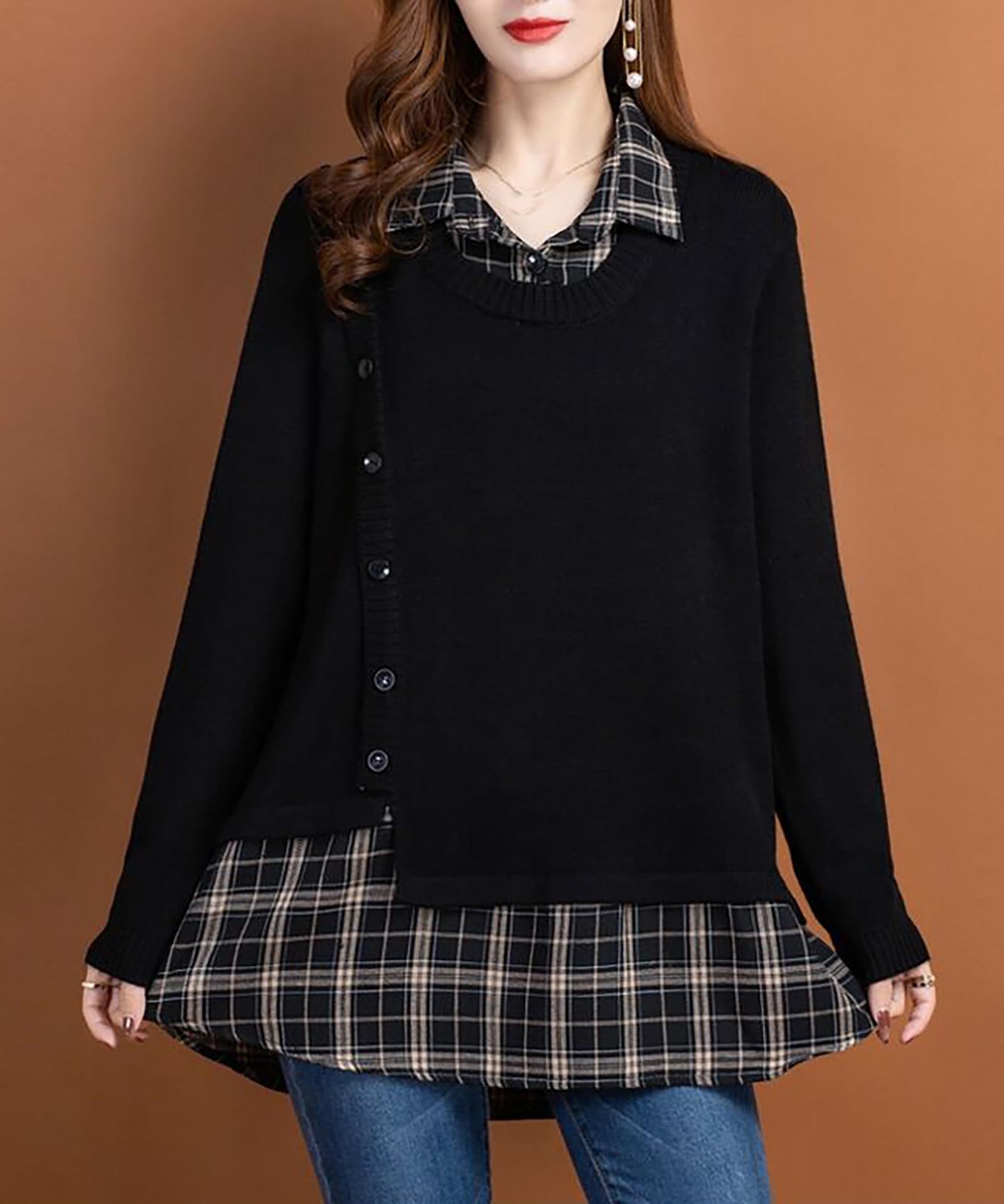 Knit Collar Patchwork Blouse Tops - LAI MENG FIVE CATS
