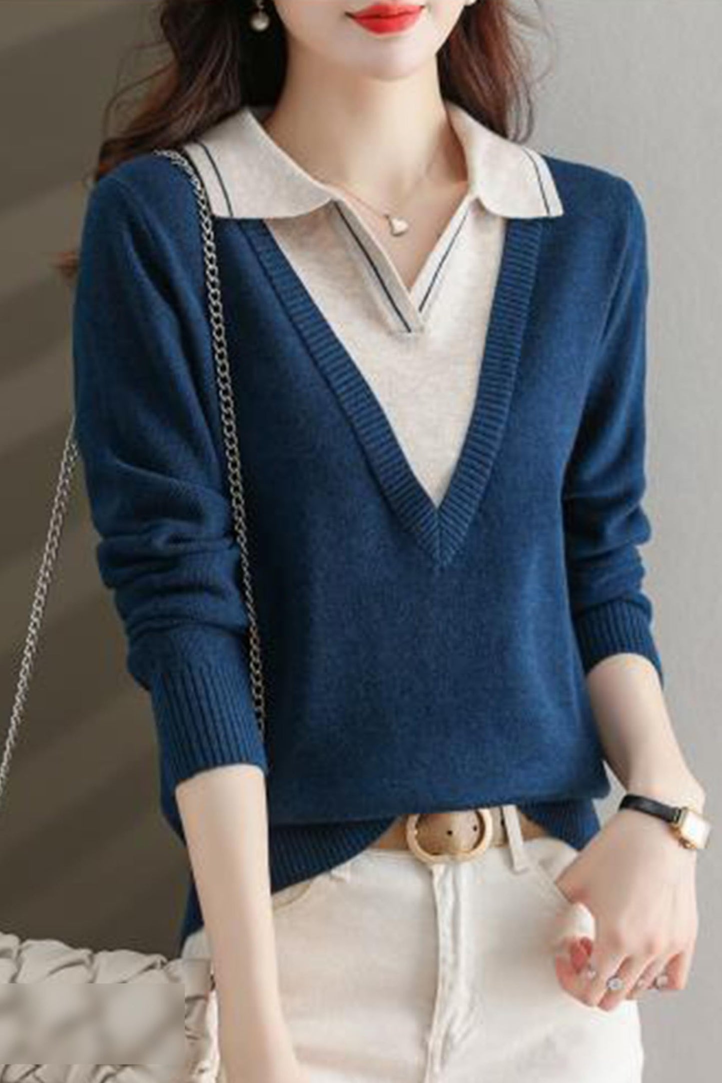 Collar Shirt V-Neck Patchwork Blouse Top - LAI MENG FIVE CATS