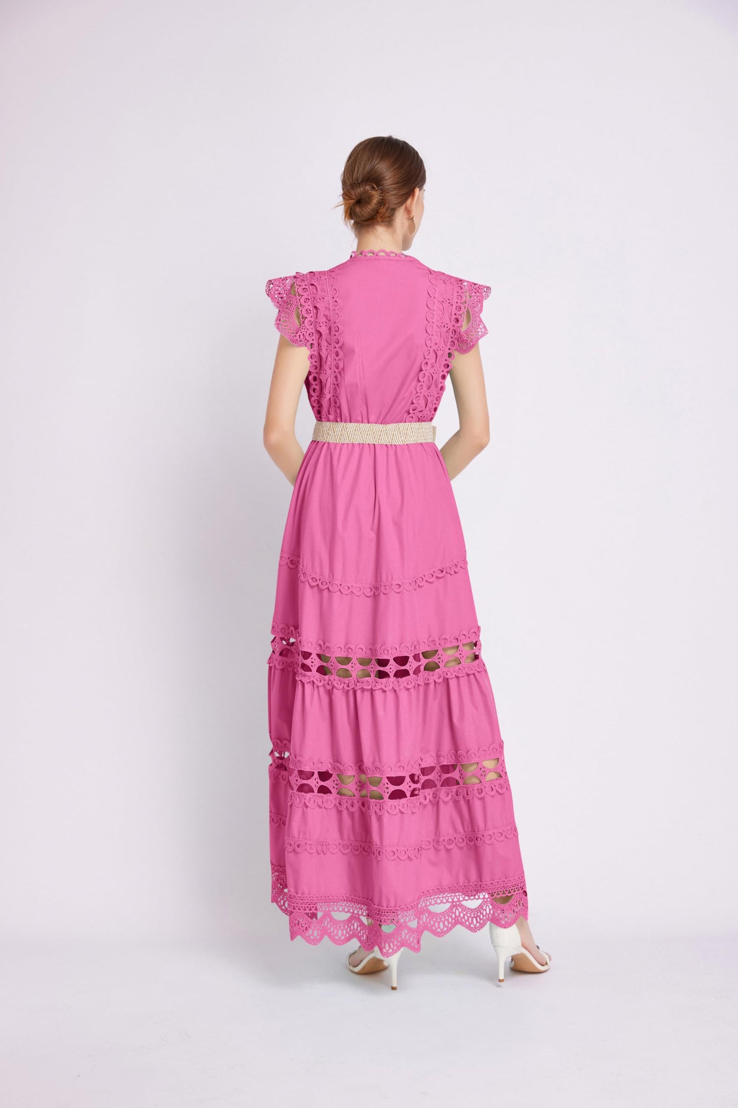 BK-Womens Lace Hollow Ruffled Maxi Dress - LAI MENG FIVE CATS