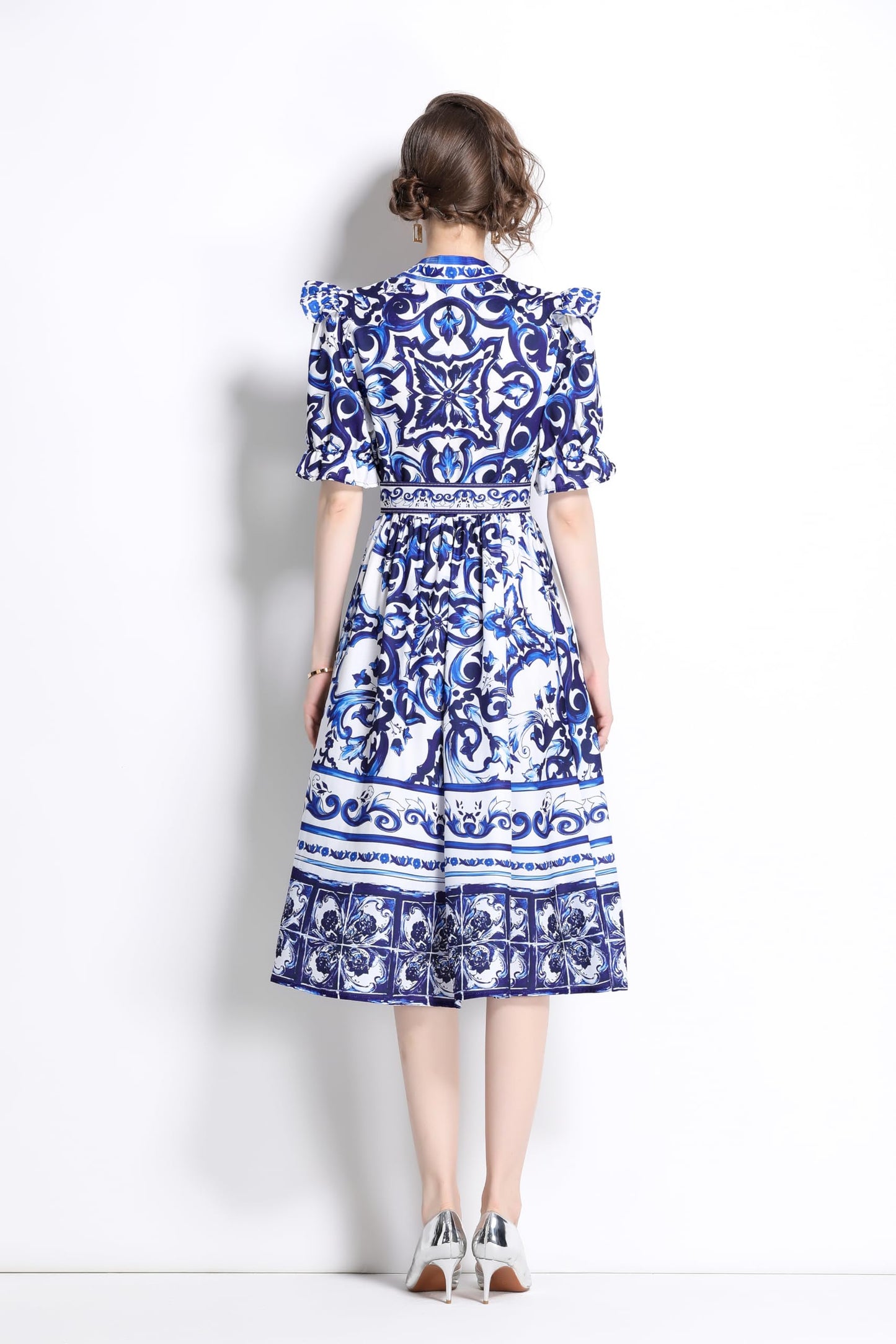 BK-Short Puff Sleeve Floral Midi Dress - LAI MENG FIVE CATS