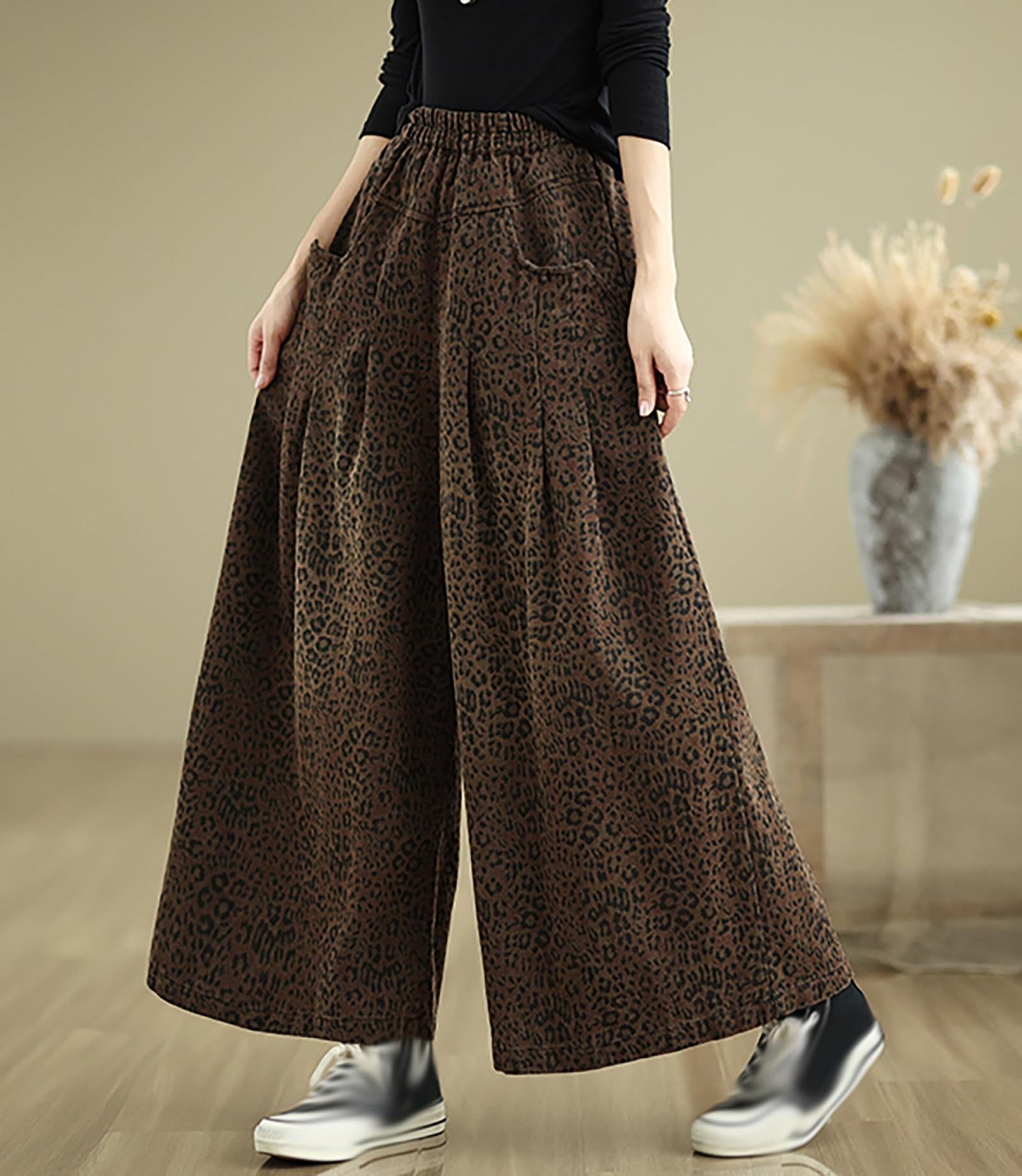 Elastic Waist Double Pocket Wide Leg Trousers