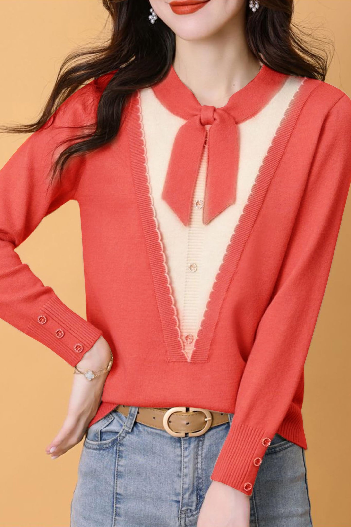 Women's Tie Neck Casual Shirt Tunic Pullover Blouse Tops - LAI MENG FIVE CATS