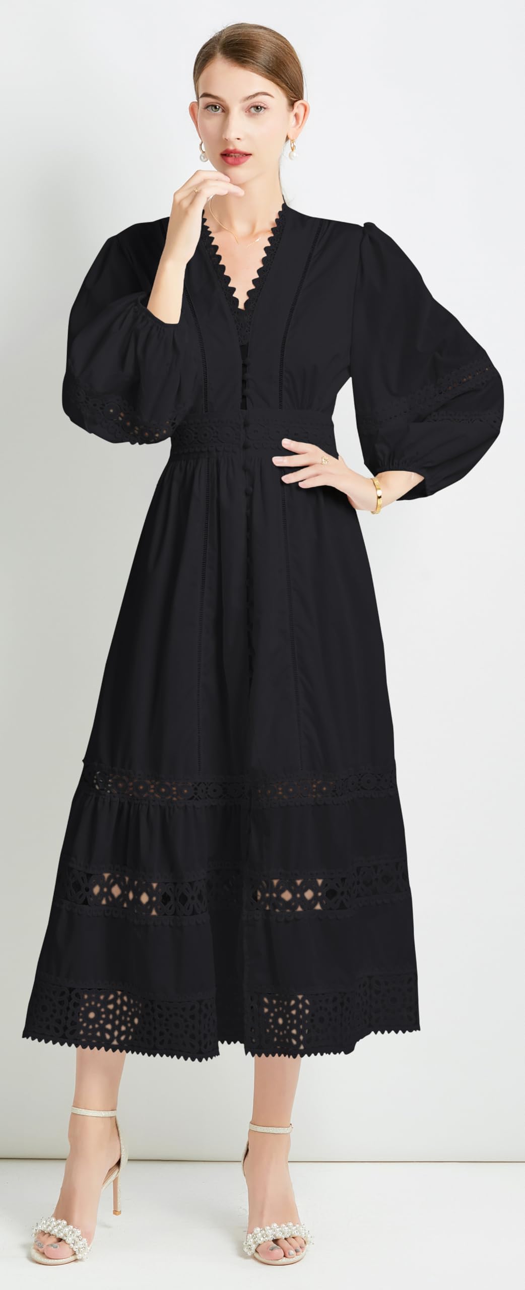 Womens Hollow Buttons Puffy Sleeves Midi Dress - LAI MENG FIVE CATS