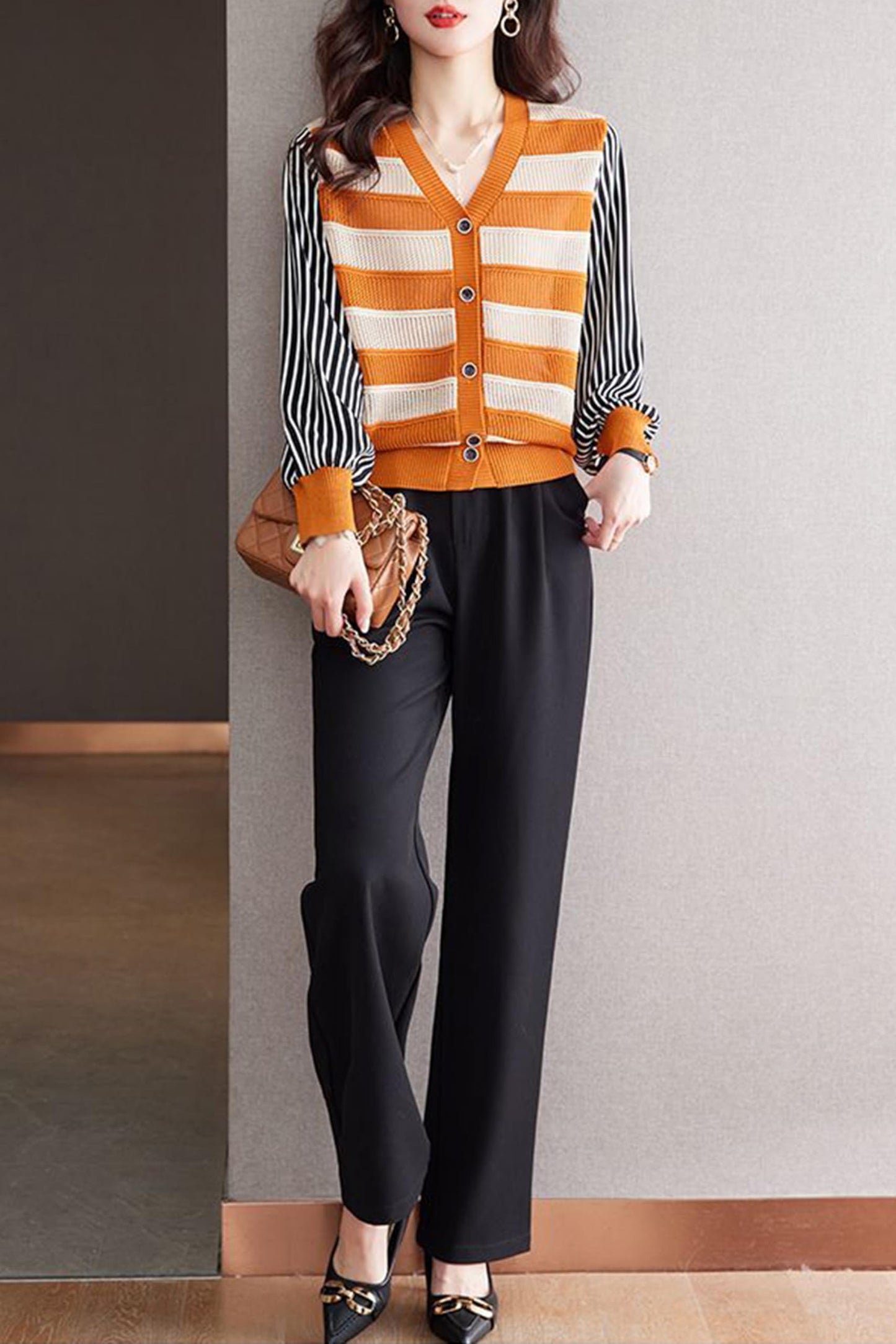 BK-Striped Cardigan Button Fashion Casual Tops - LAI MENG FIVE CATS