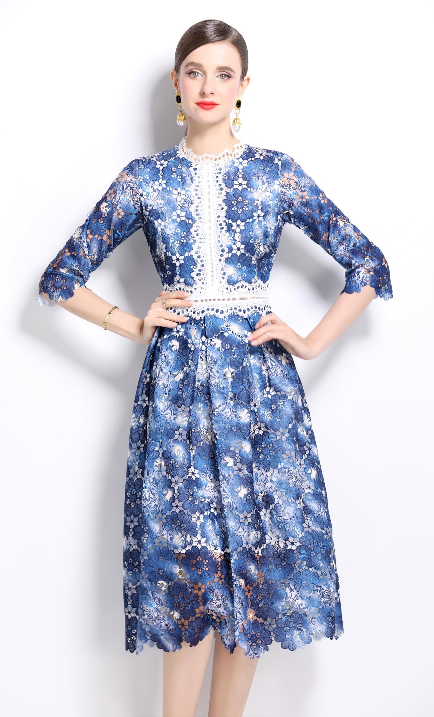 Womens 3/4 Sleeve Floral Print Midi Dress - LAI MENG FIVE CATS