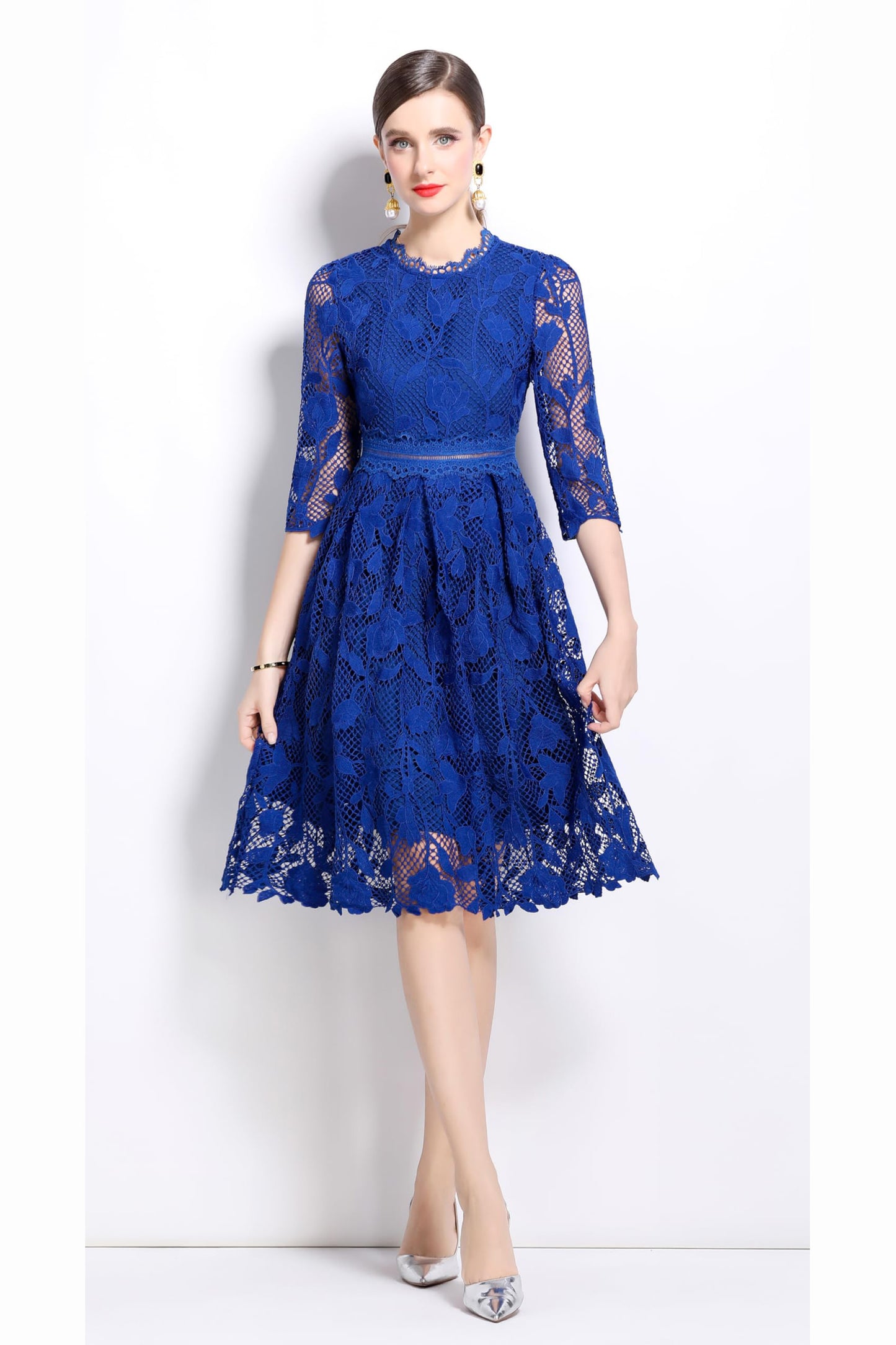 Womens Lace Floral Elegant Midi Dress - LAI MENG FIVE CATS