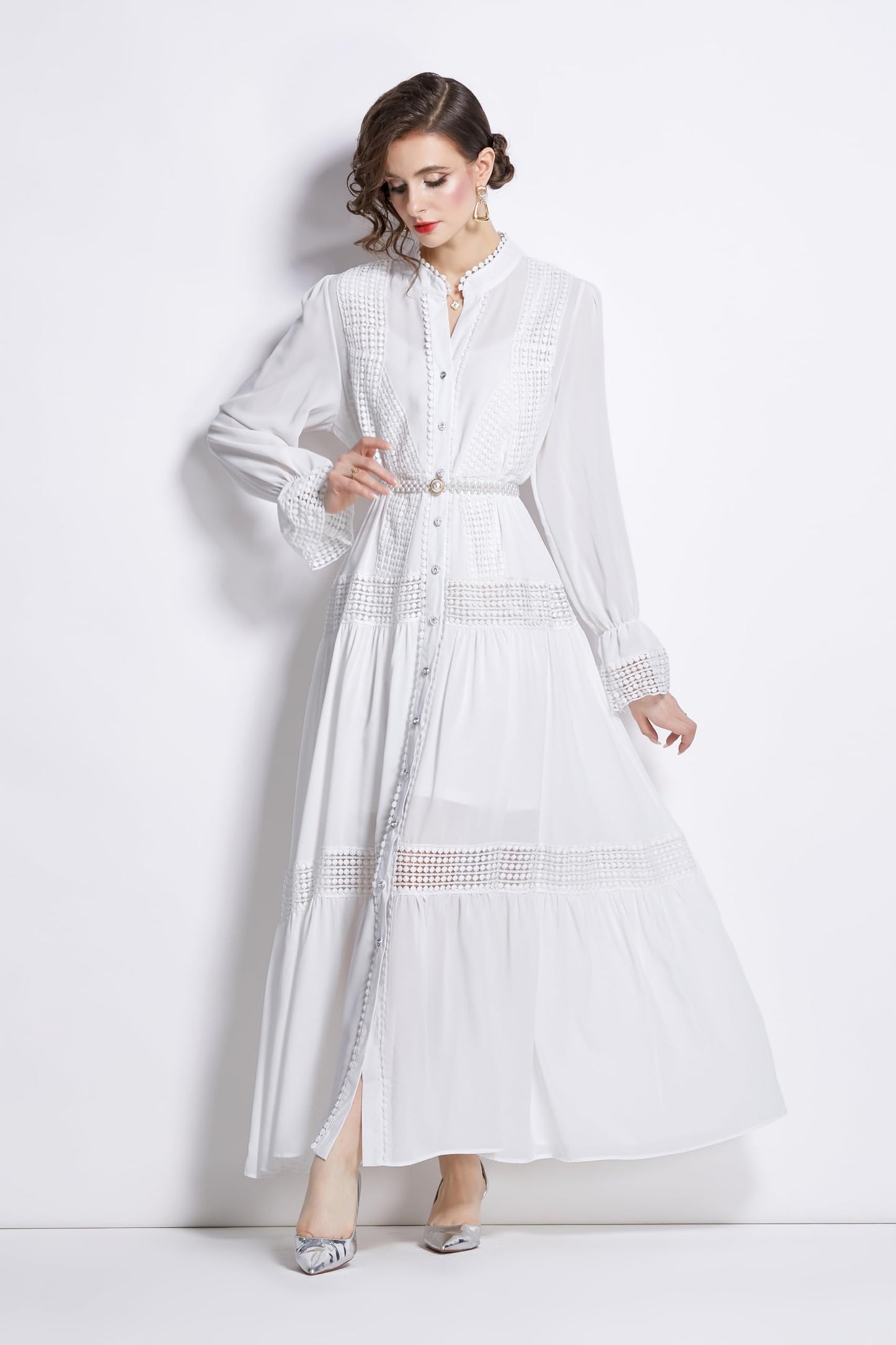 Womens Hollow A Line Maxi Dress With Belt - LAI MENG FIVE CATS