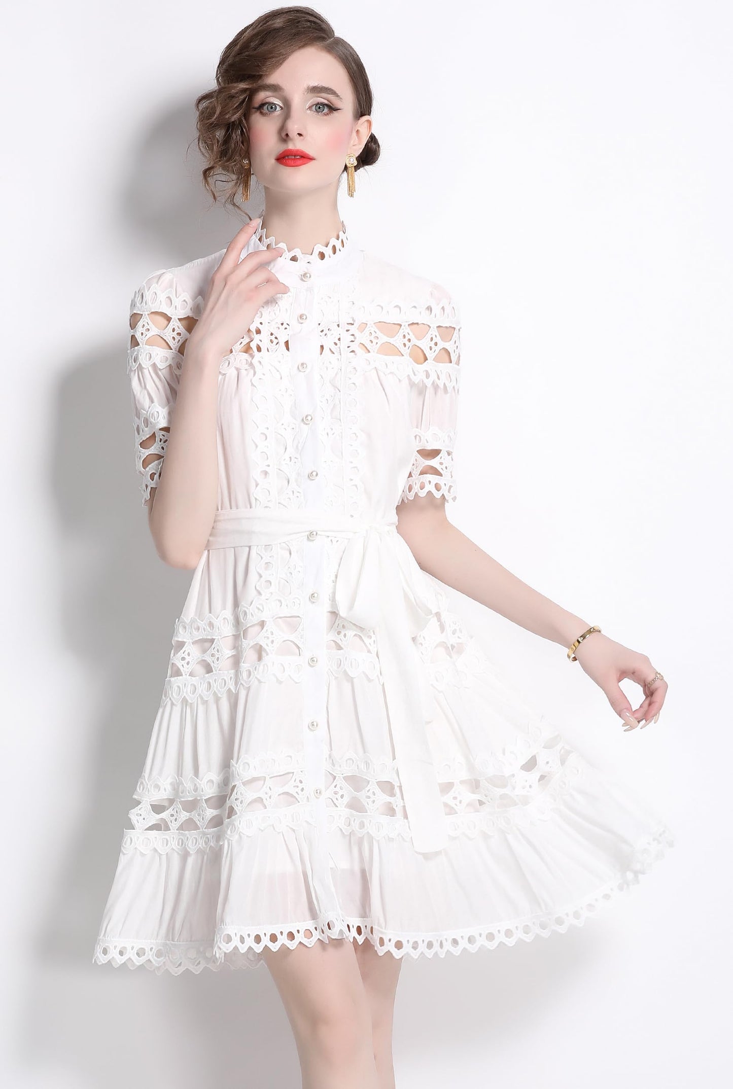 Womens Lace Hollow Button Mini Dress - LAI MENG FIVE CATS