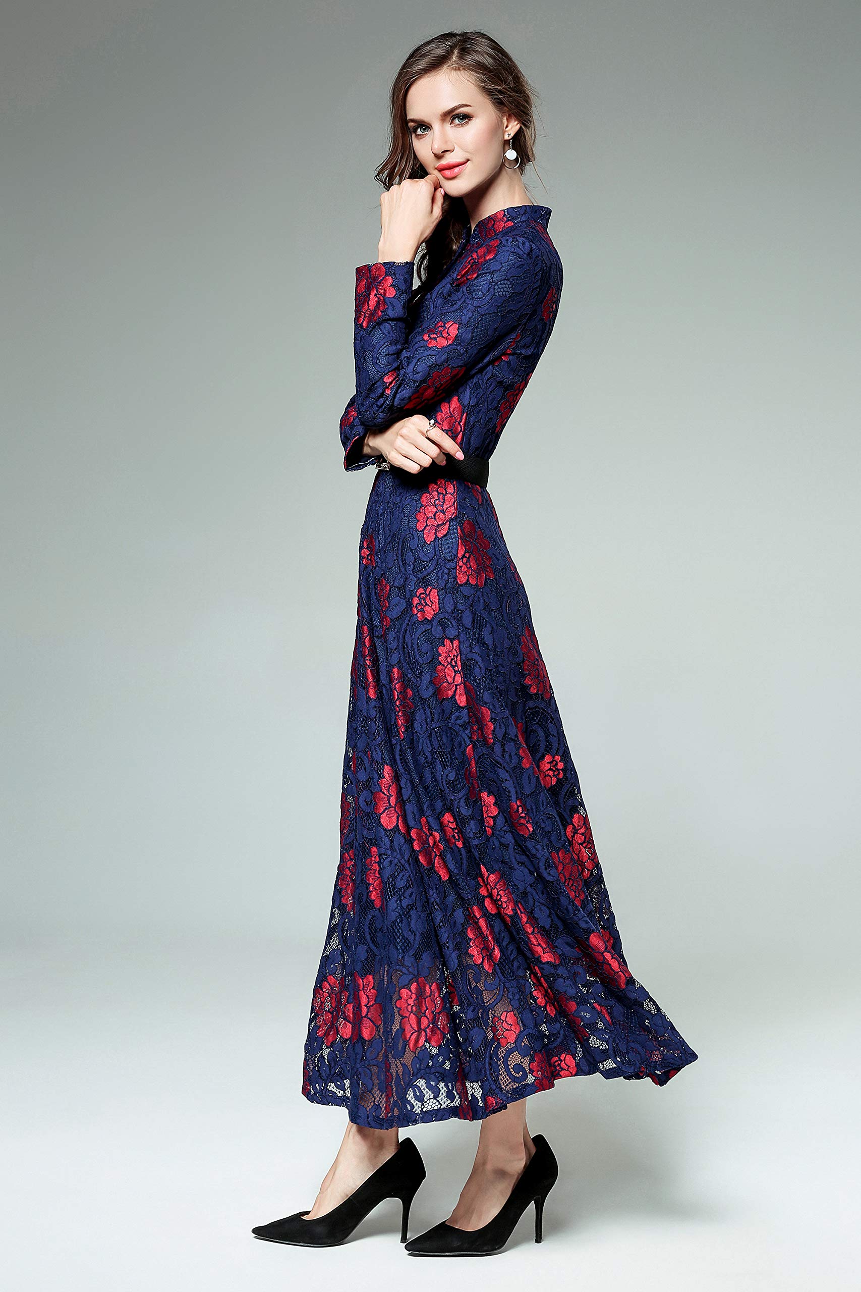 BK-Lace Floral Cocktail Evening Wedding Guest Party Maxi Dress - LAI MENG FIVE CATS