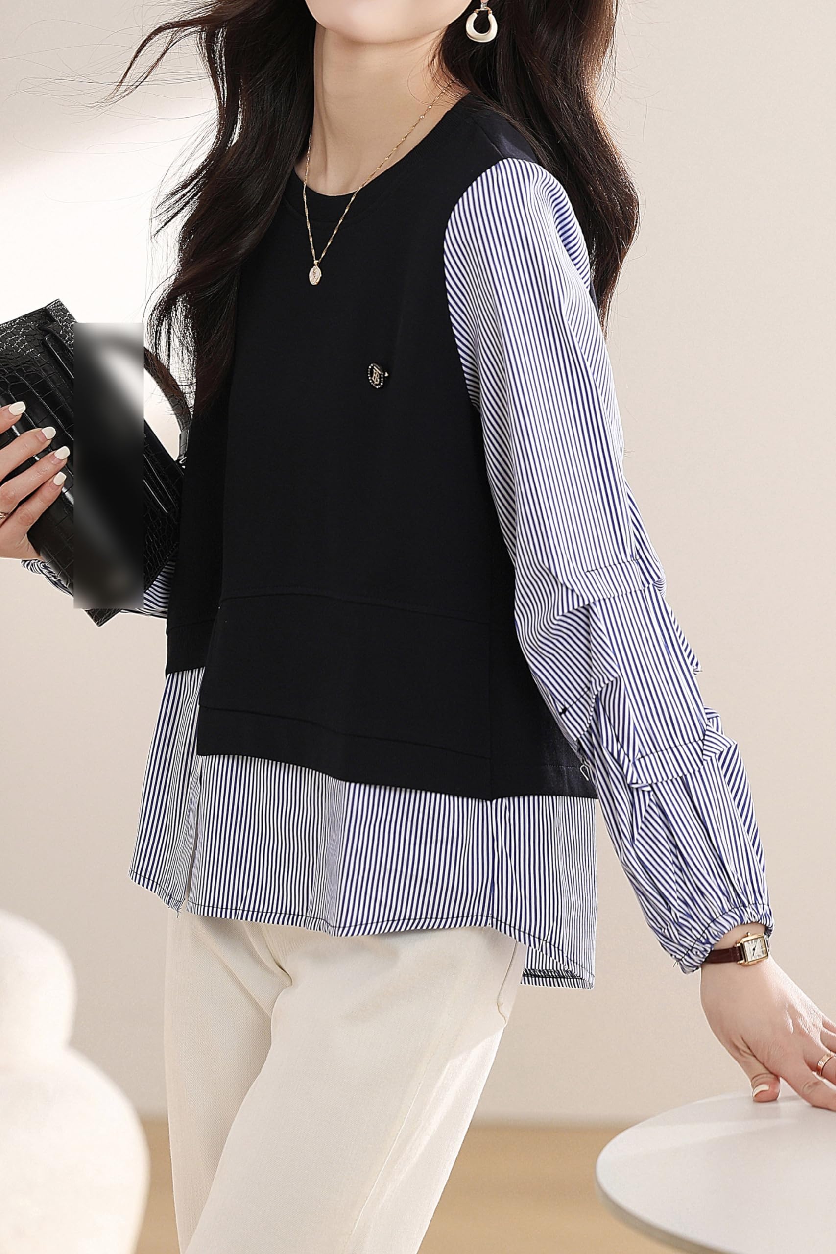 Patchwork Knit Round Neck Pullover Tops - LAI MENG FIVE CATS