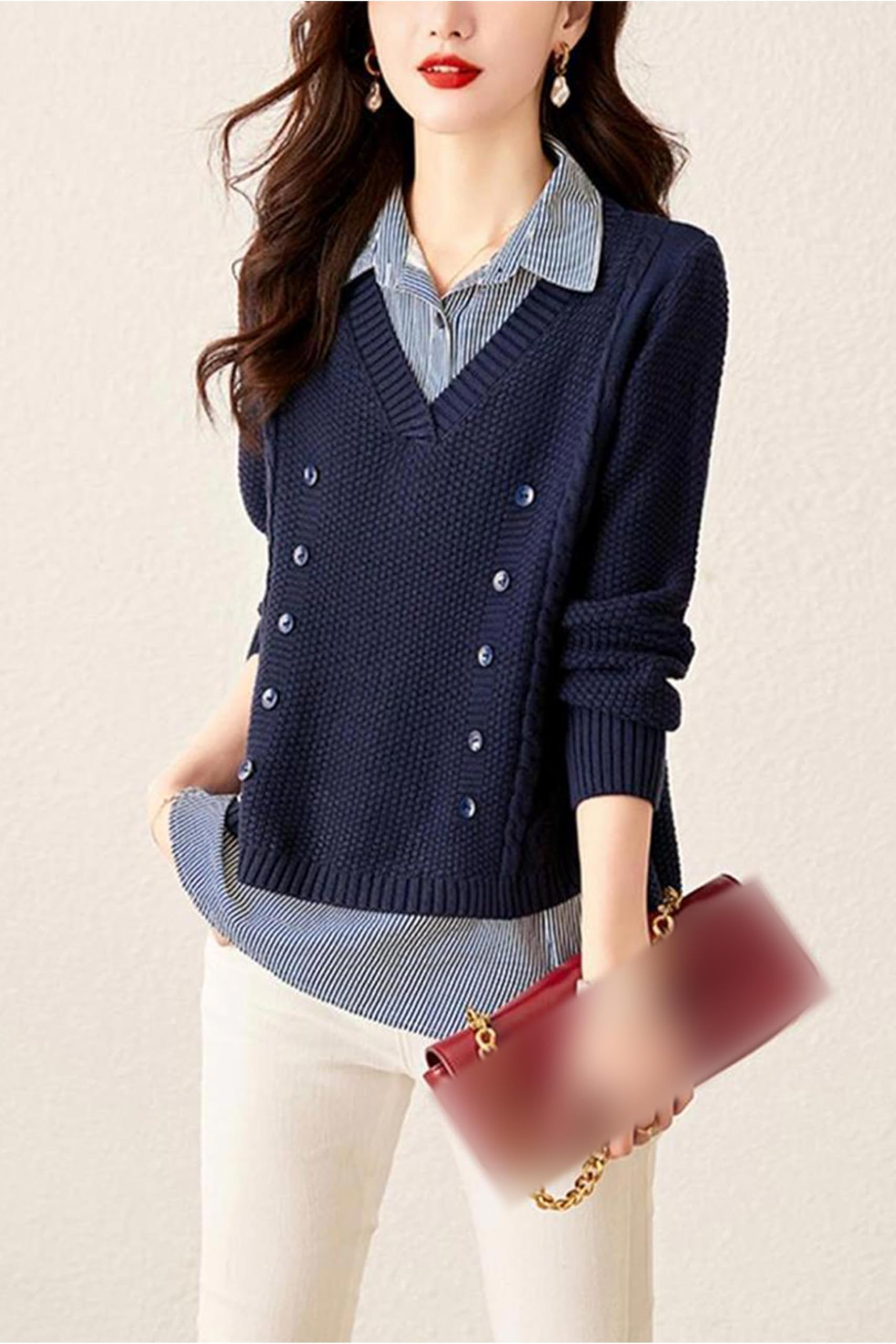 Women's Casual Collared Knit 2 in 1 Pullover Blouse Top - LAI MENG FIVE CATS