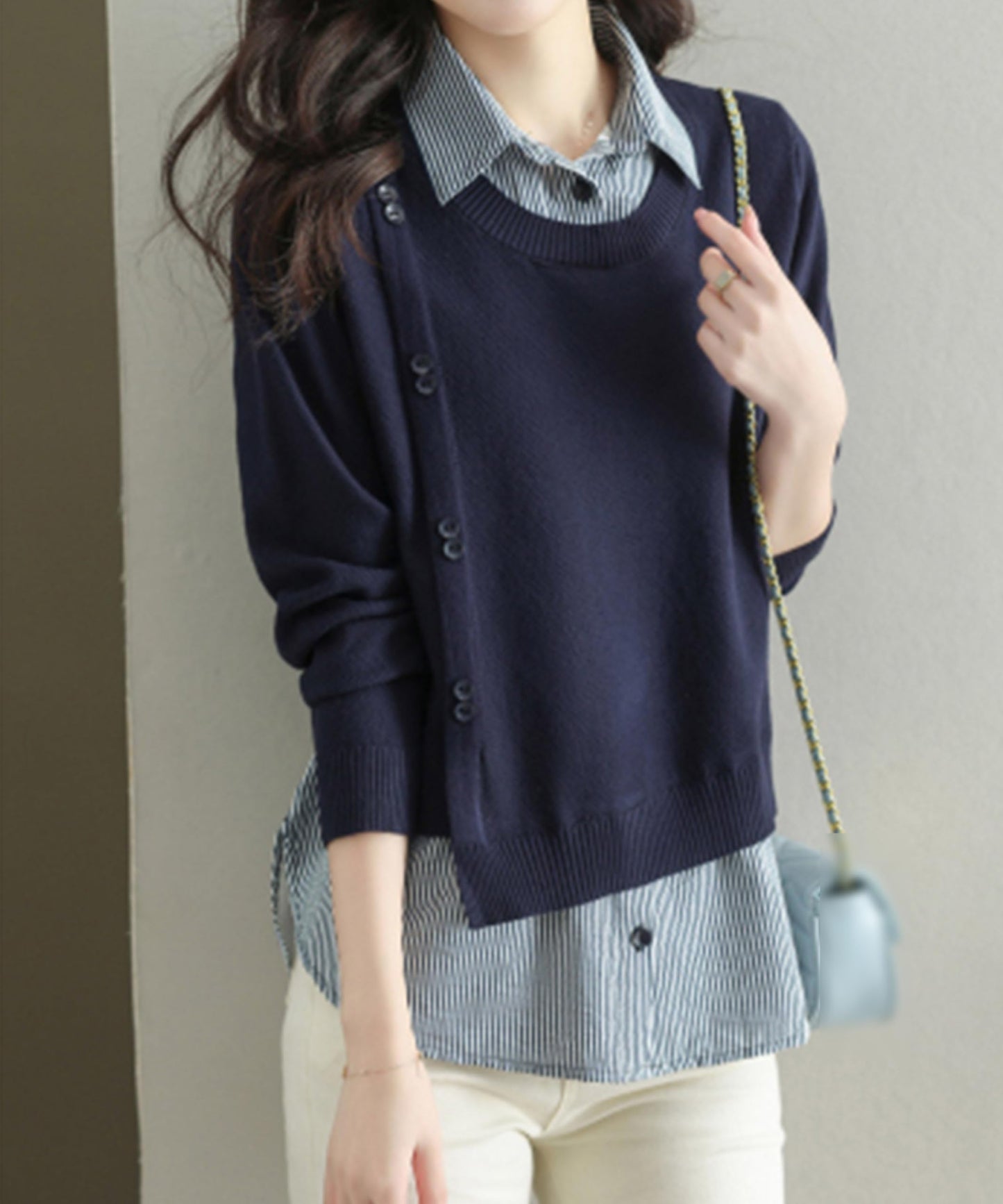 Womens Knit Long Sleeve Patchwork Blouse Tops - LAI MENG FIVE CATS