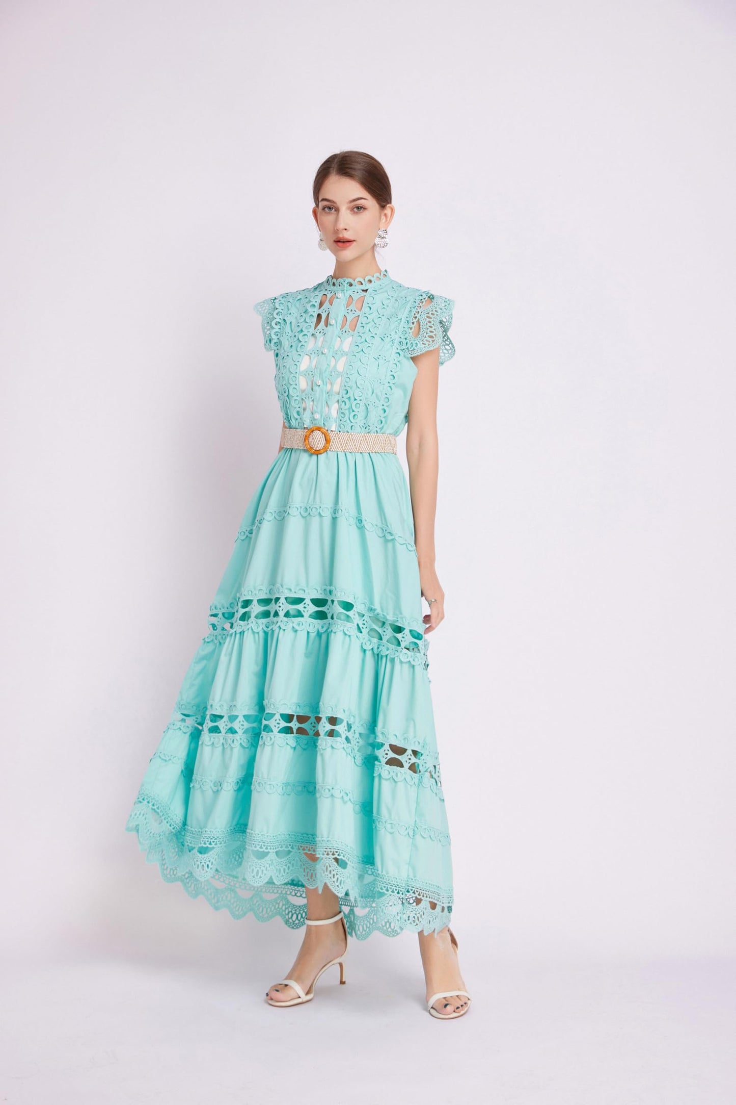 BK-Womens Lace Hollow Ruffled Maxi Dress - LAI MENG FIVE CATS