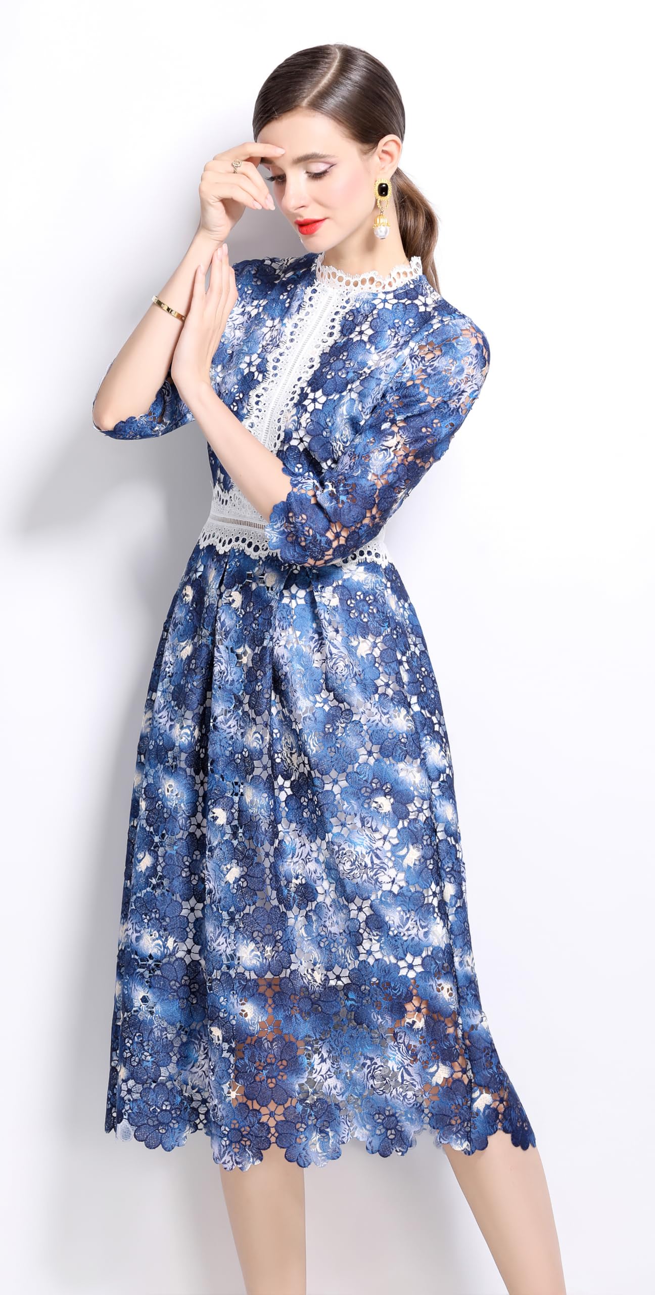 Womens 3/4 Sleeve Floral Print Midi Dress - LAI MENG FIVE CATS