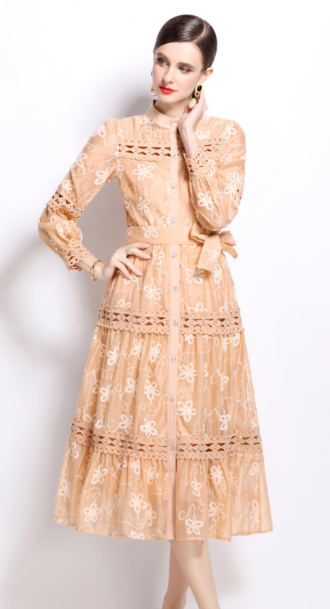 BK-Womens Lace Tulle Hollow Elegant Midi Dress - LAI MENG FIVE CATS