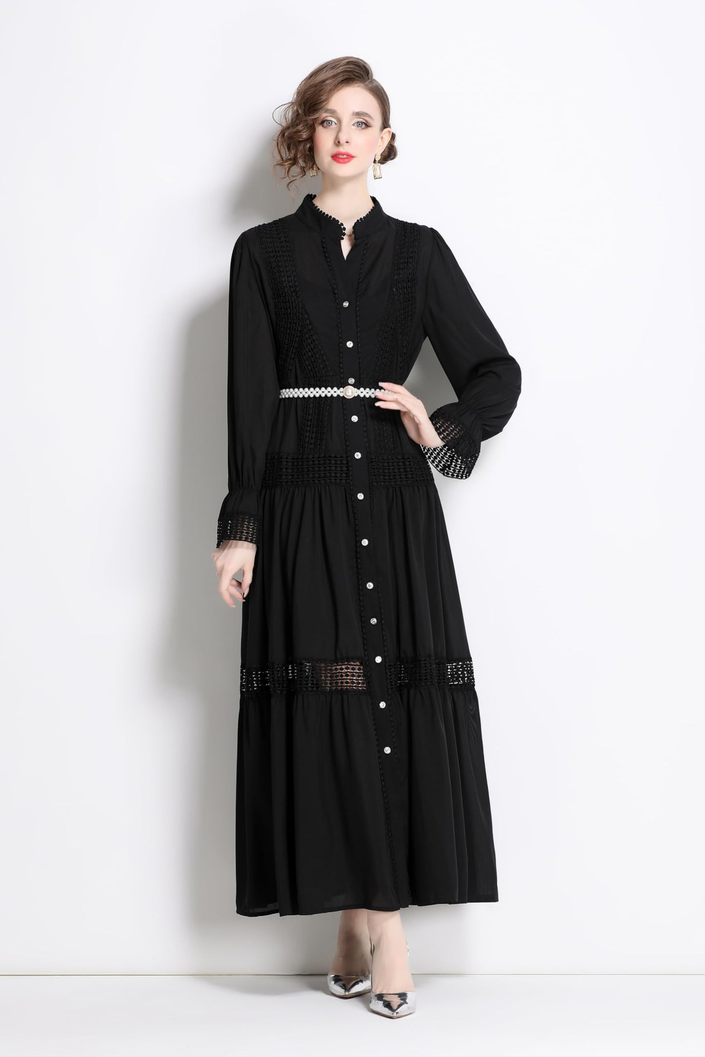Womens Hollow A Line Maxi Dress With Belt - LAI MENG FIVE CATS