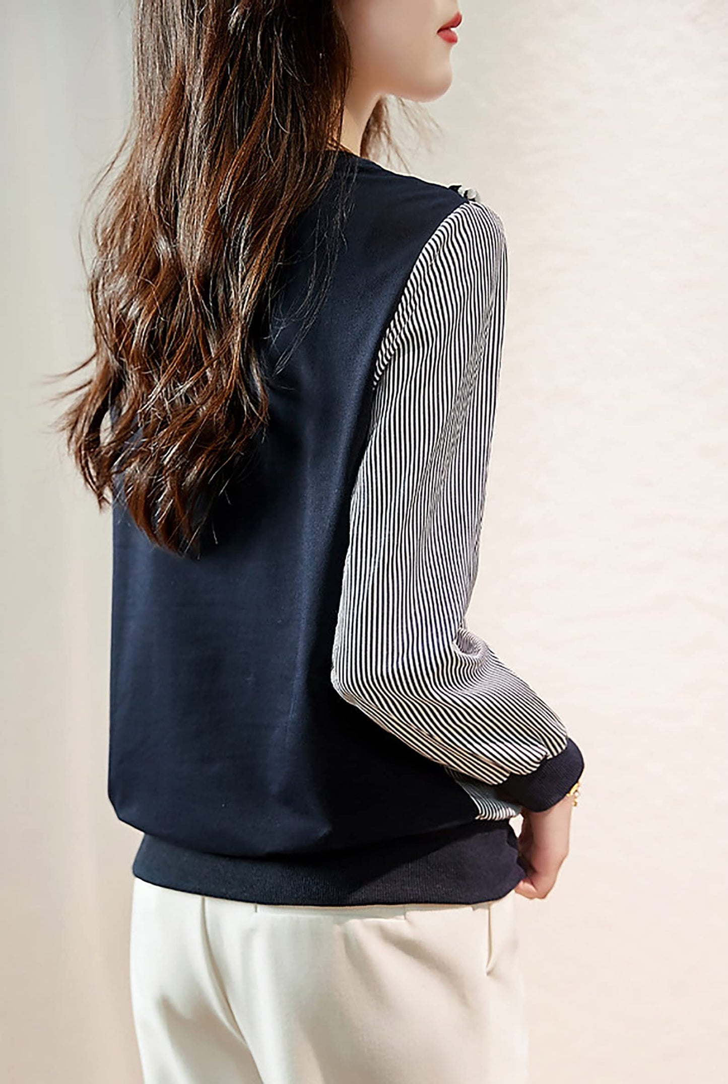 Pullover Patchwork Stripe Blouse Knit Tops - LAI MENG FIVE CATS