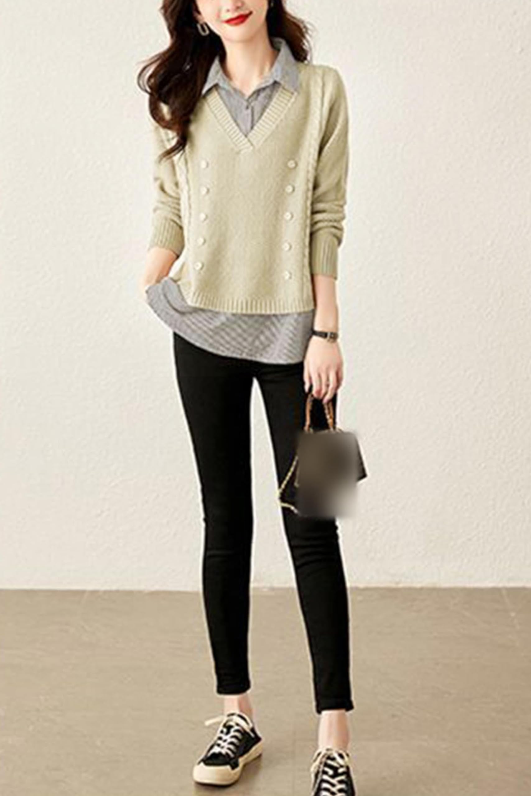 Knit  2 in 1 Tunics Patchwork Tops - LAI MENG FIVE CATS