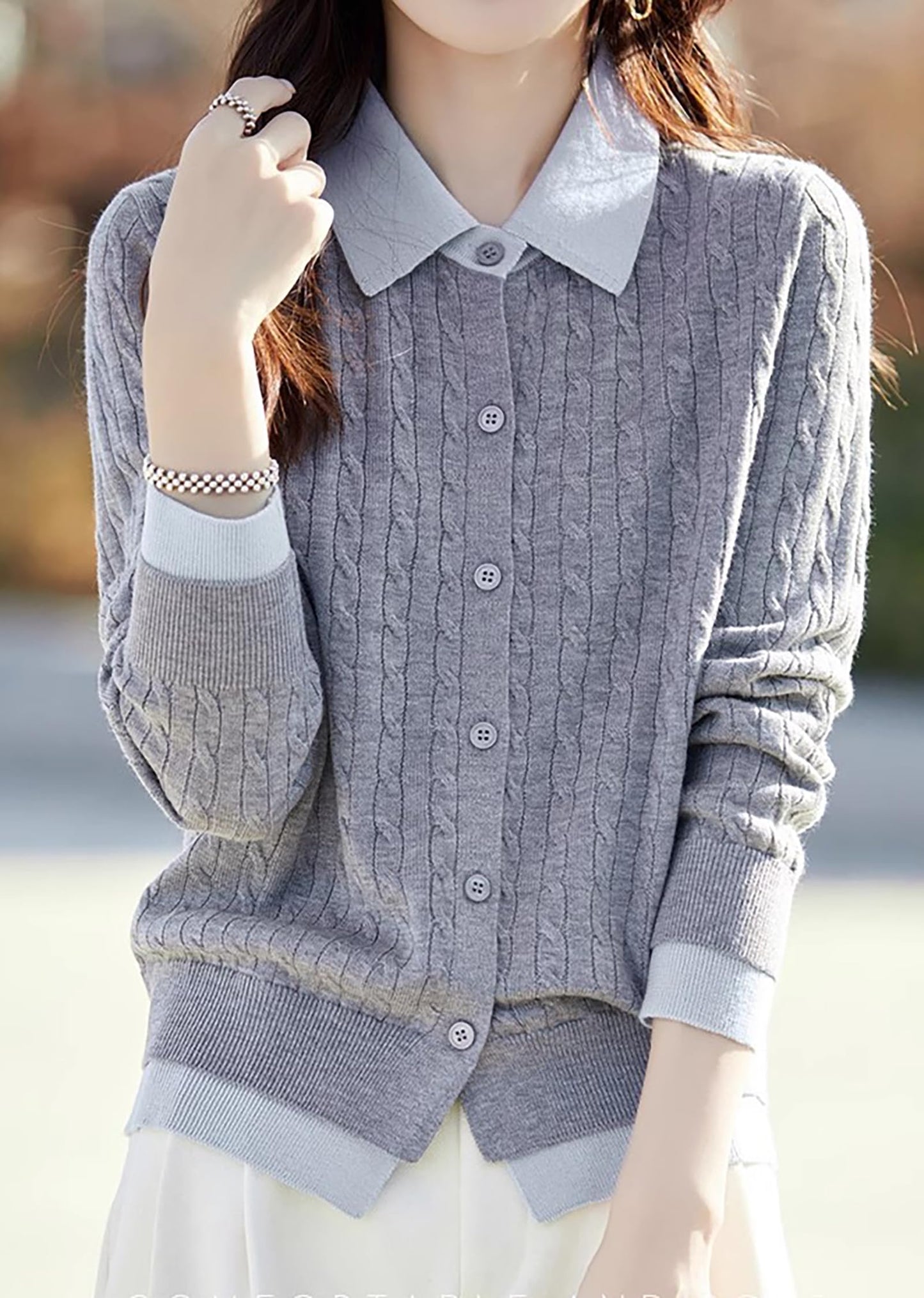 Knit Button Patchwork Pullover Fall Outfits - LAI MENG FIVE CATS