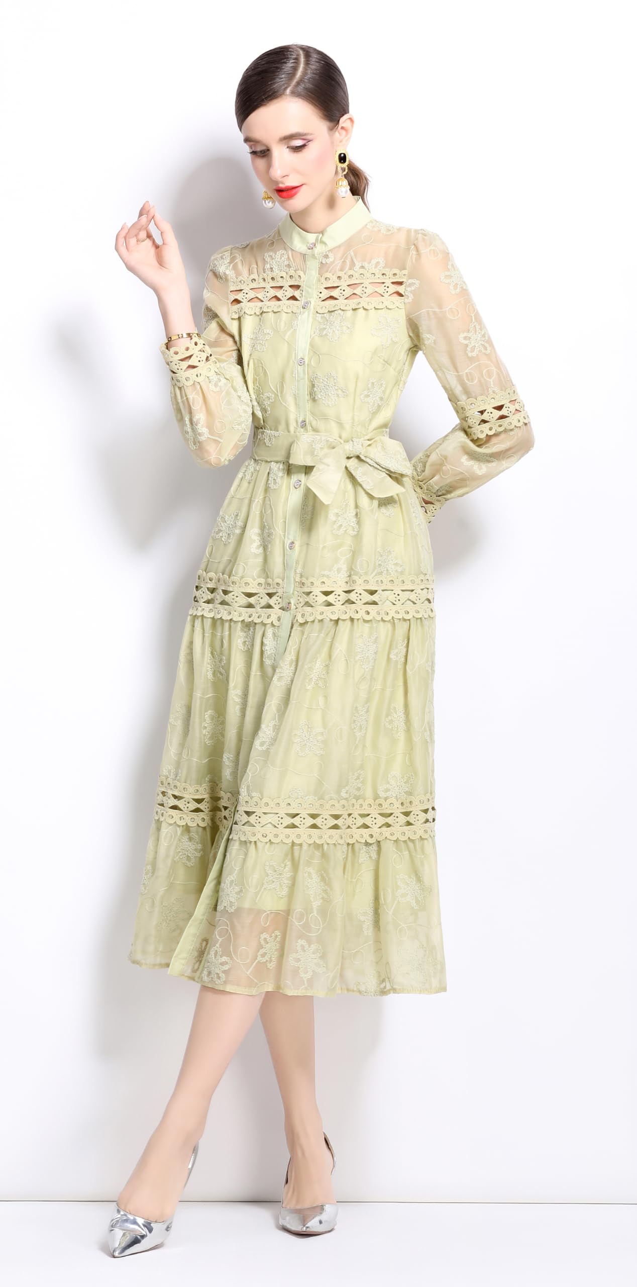 BK-Womens Lace Tulle Hollow Elegant Midi Dress - LAI MENG FIVE CATS